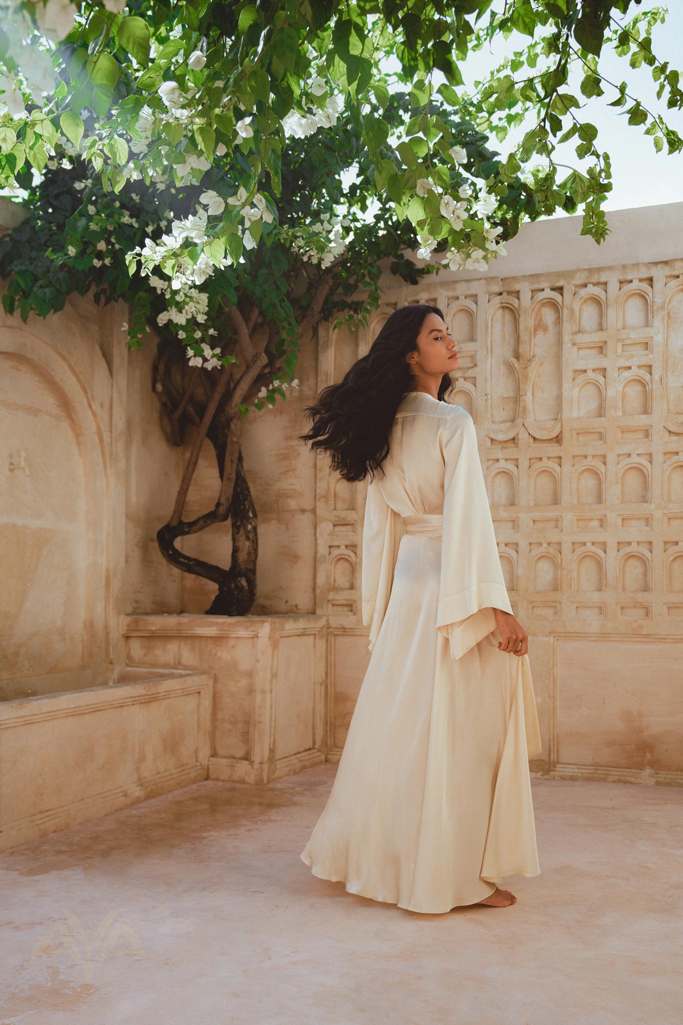 Cream Venus Peace Silk Blouse • Elegant Goddess Sleeves Crop Top • Kimono Blouse - AYA Sacred Wear