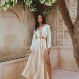 Cream Venus Peace Silk Blouse • Elegant Goddess Sleeves Crop Top • Kimono Blouse - AYA Sacred Wear
