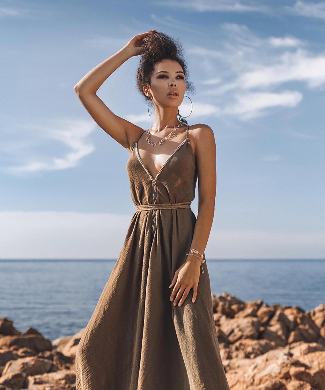 Dark Green Cotton Maxi Dress • Sleeveless Hand Embroidered Dress - AYA Sacred Wear