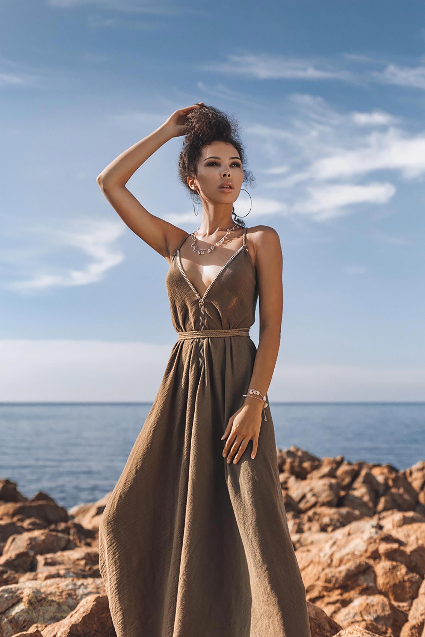 Dark Green Cotton Maxi Dress • Sleeveless Hand Embroidered Dress - AYA Sacred Wear