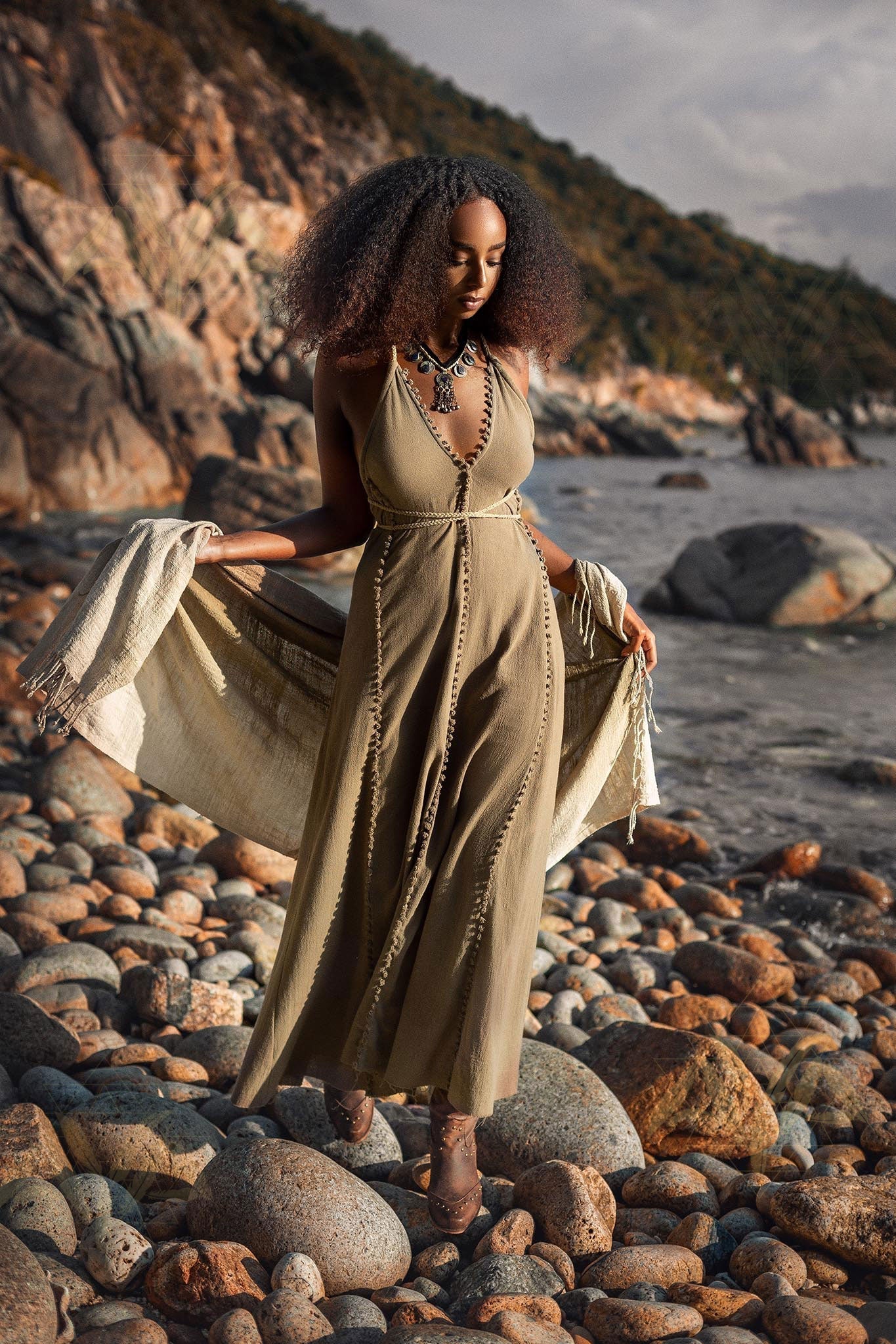 Dark Green Greek Goddess Dress • Bohemian Braided Dress • Open Back Dress - AYA Sacred Wear