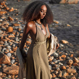 Dark Green Greek Goddess Dress • Bohemian Braided Dress • Open Back Dress - AYA Sacred Wear