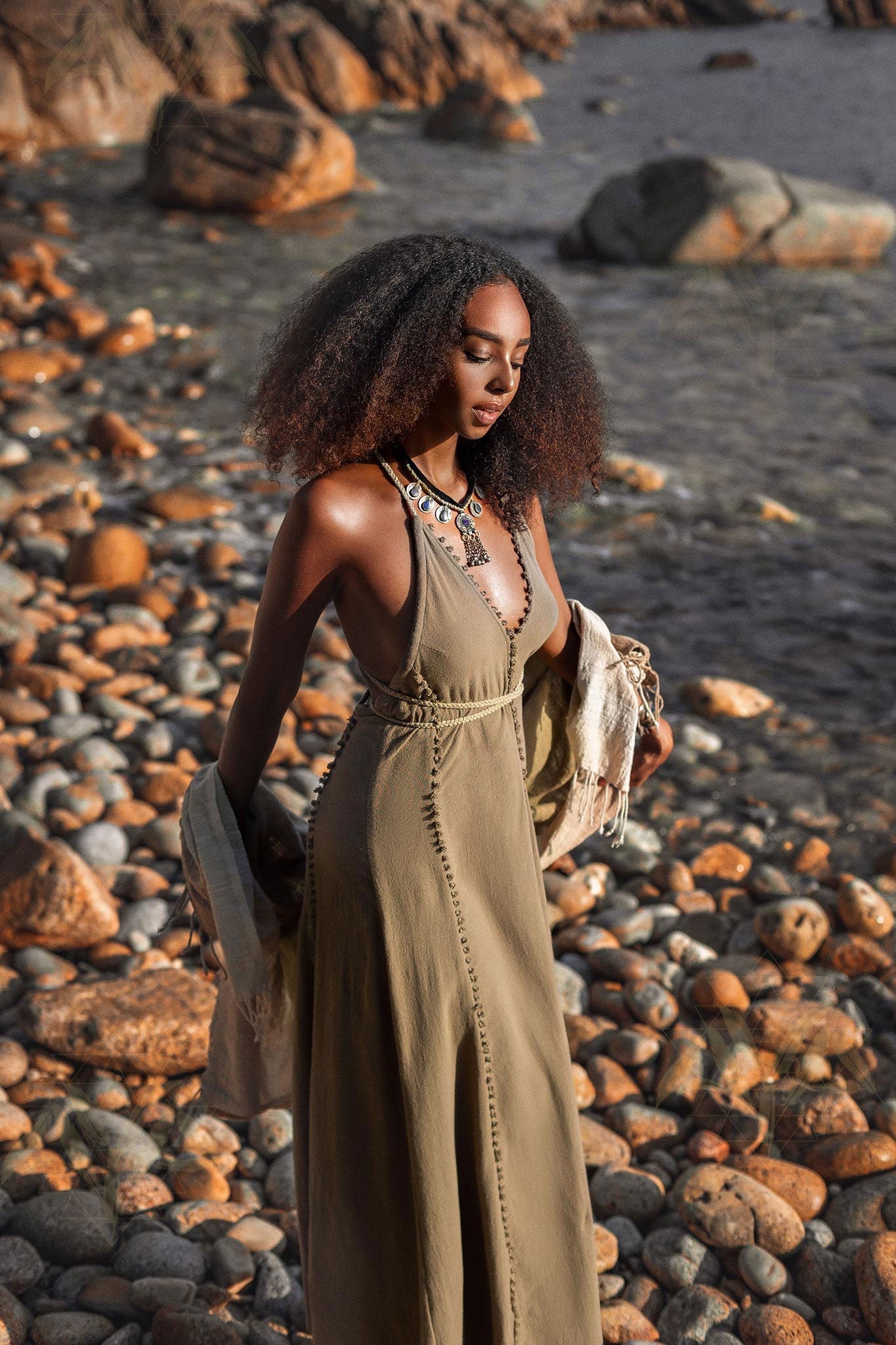 Dark Green Greek Goddess Dress • Bohemian Braided Dress • Open Back Dress - AYA Sacred Wear