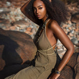 Dark Green Greek Goddess Dress • Bohemian Braided Dress • Open Back Dress - AYA Sacred Wear