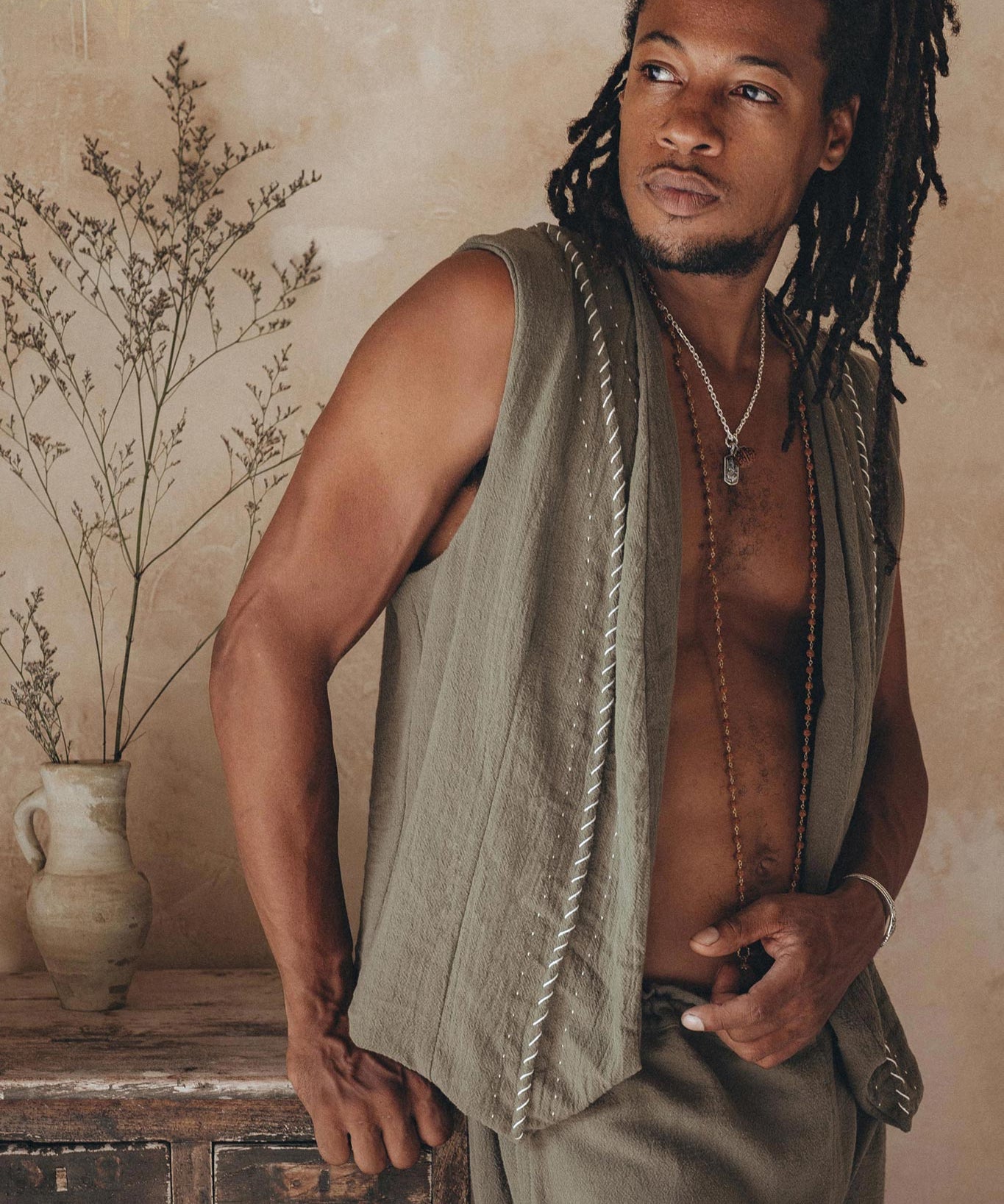 Dark Green Hand Embroidered Vest for Men - AYA Sacred Wear