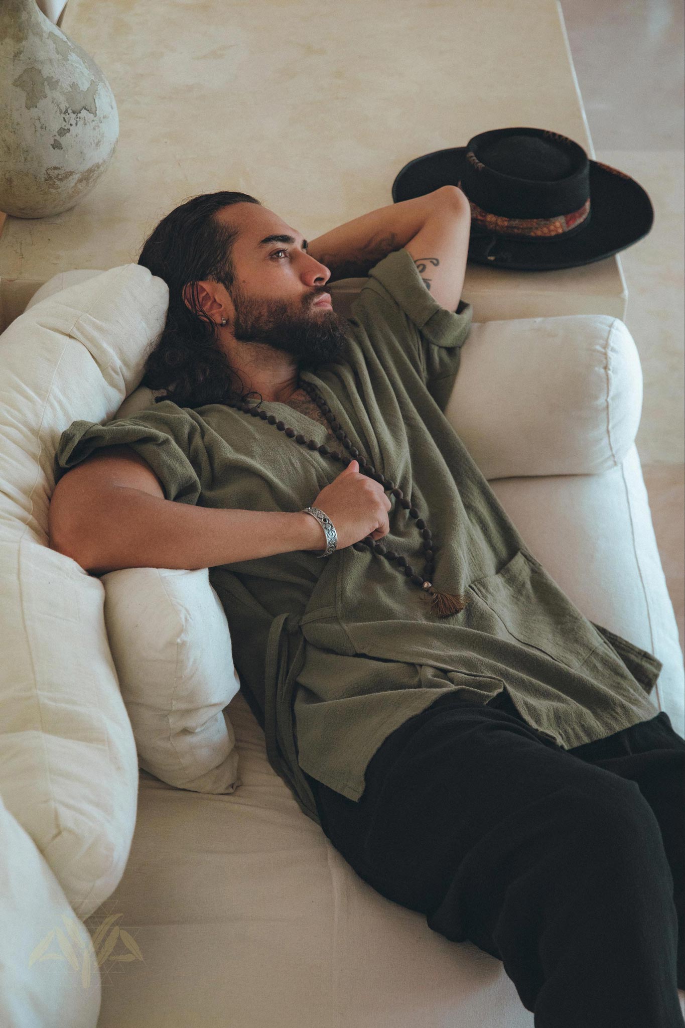 Sage Green Tribal Kimono Robe for Men by AYA Sacred Wear