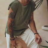 Dark Green Raw Edge Thick Cotton Top Tee for Men - AYA Sacred Wear