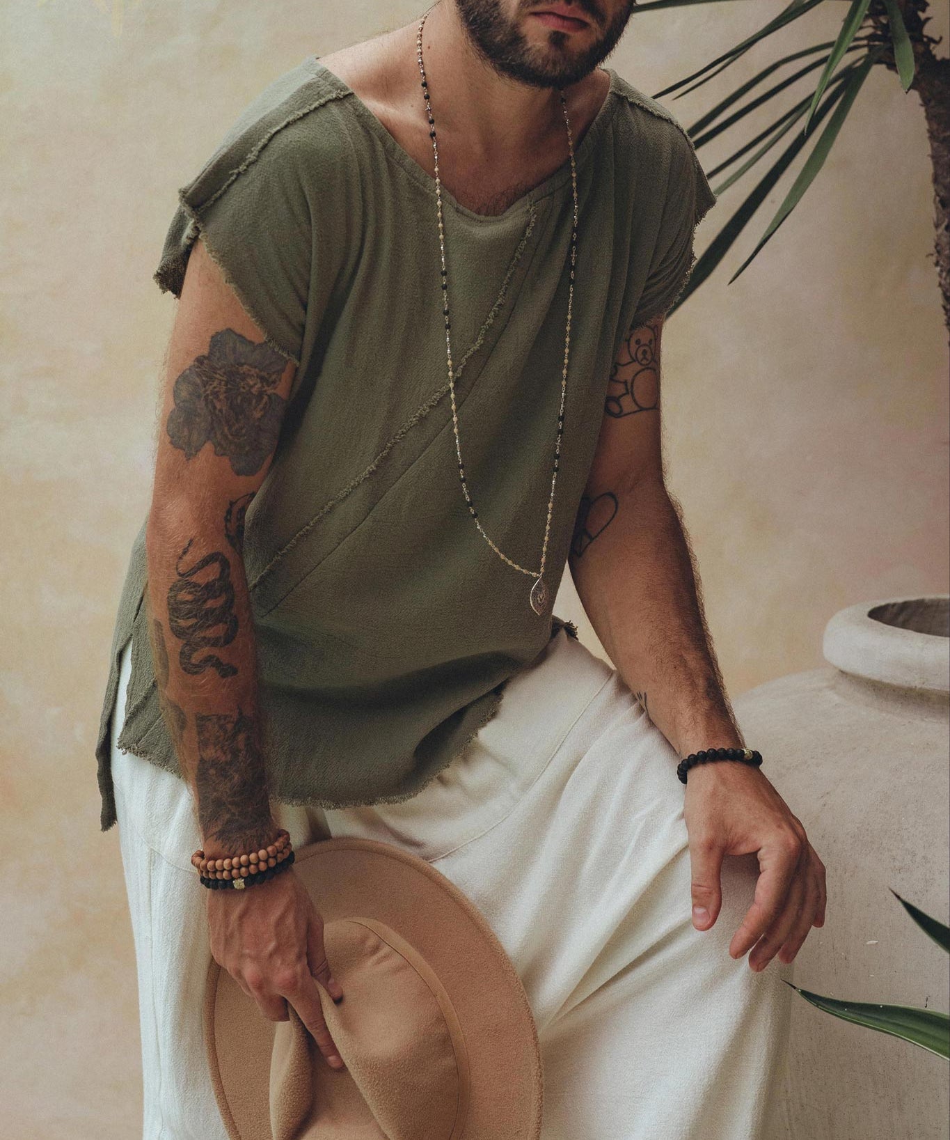 Dark Green Raw Edge Thick Cotton Top Tee for Men - AYA Sacred Wear