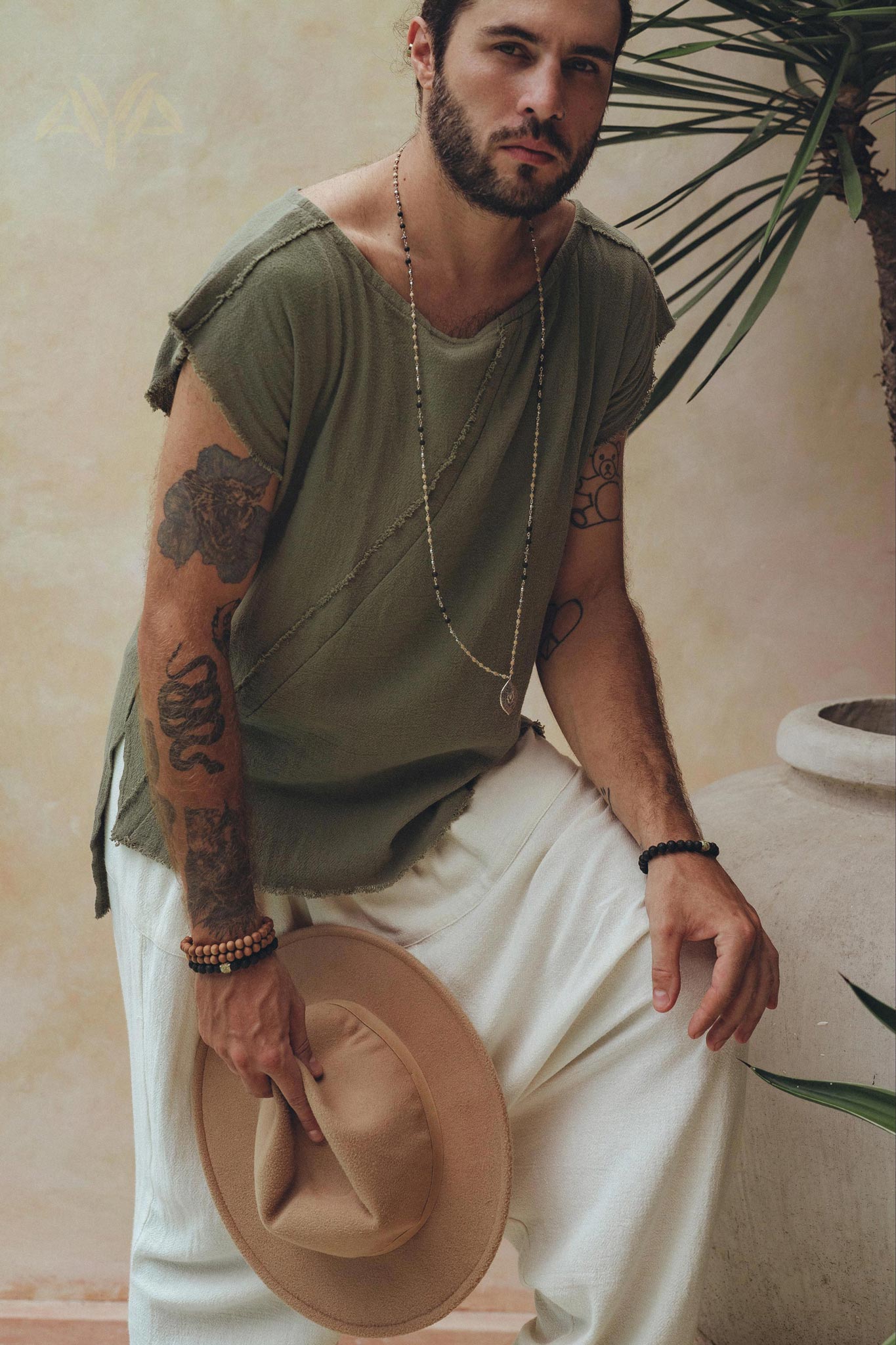 Dark Green Raw Edge Thick Cotton Top Tee for Men - AYA Sacred Wear