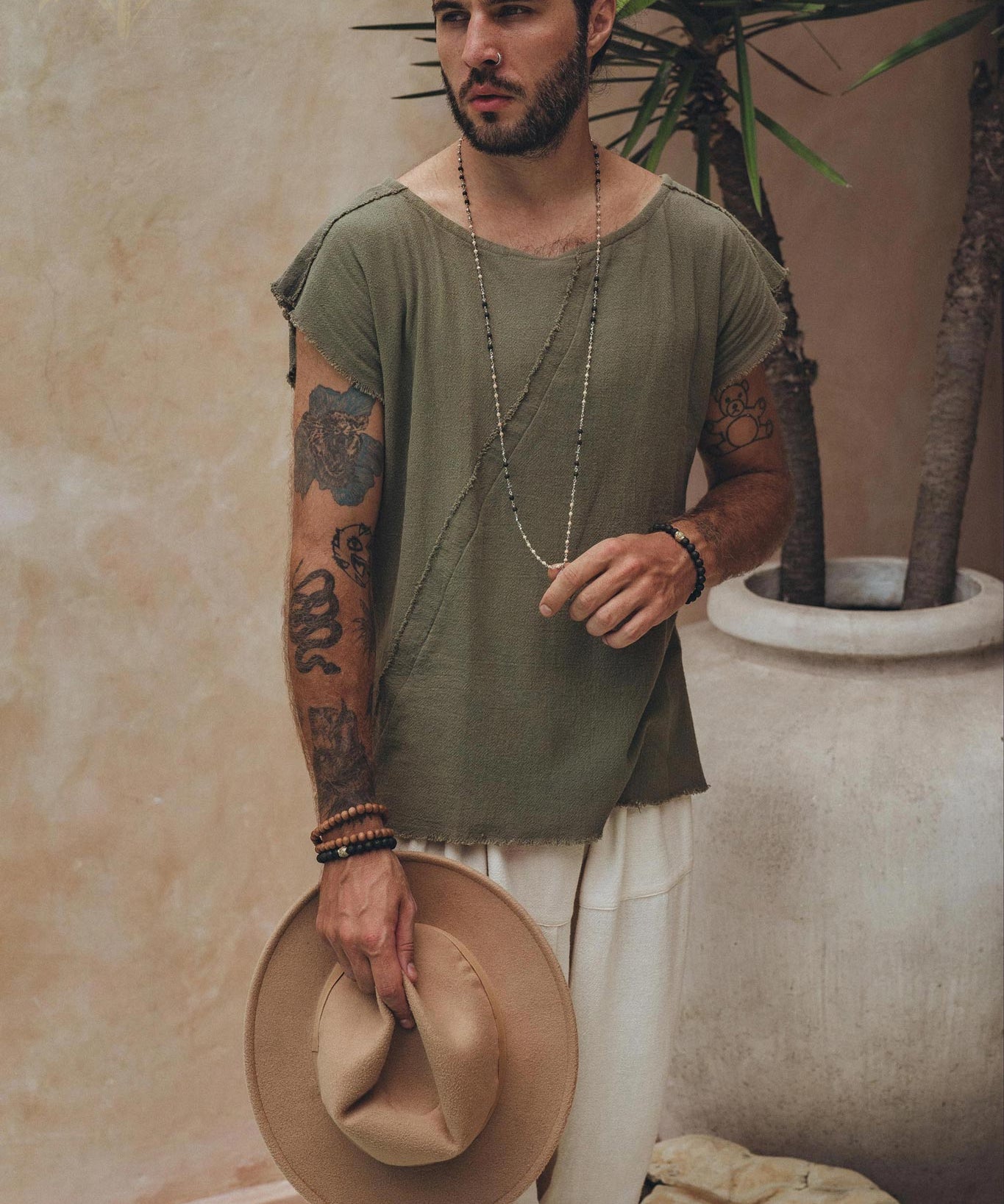 Dark Green Raw Edge Thick Cotton Top Tee for Men - AYA Sacred Wear