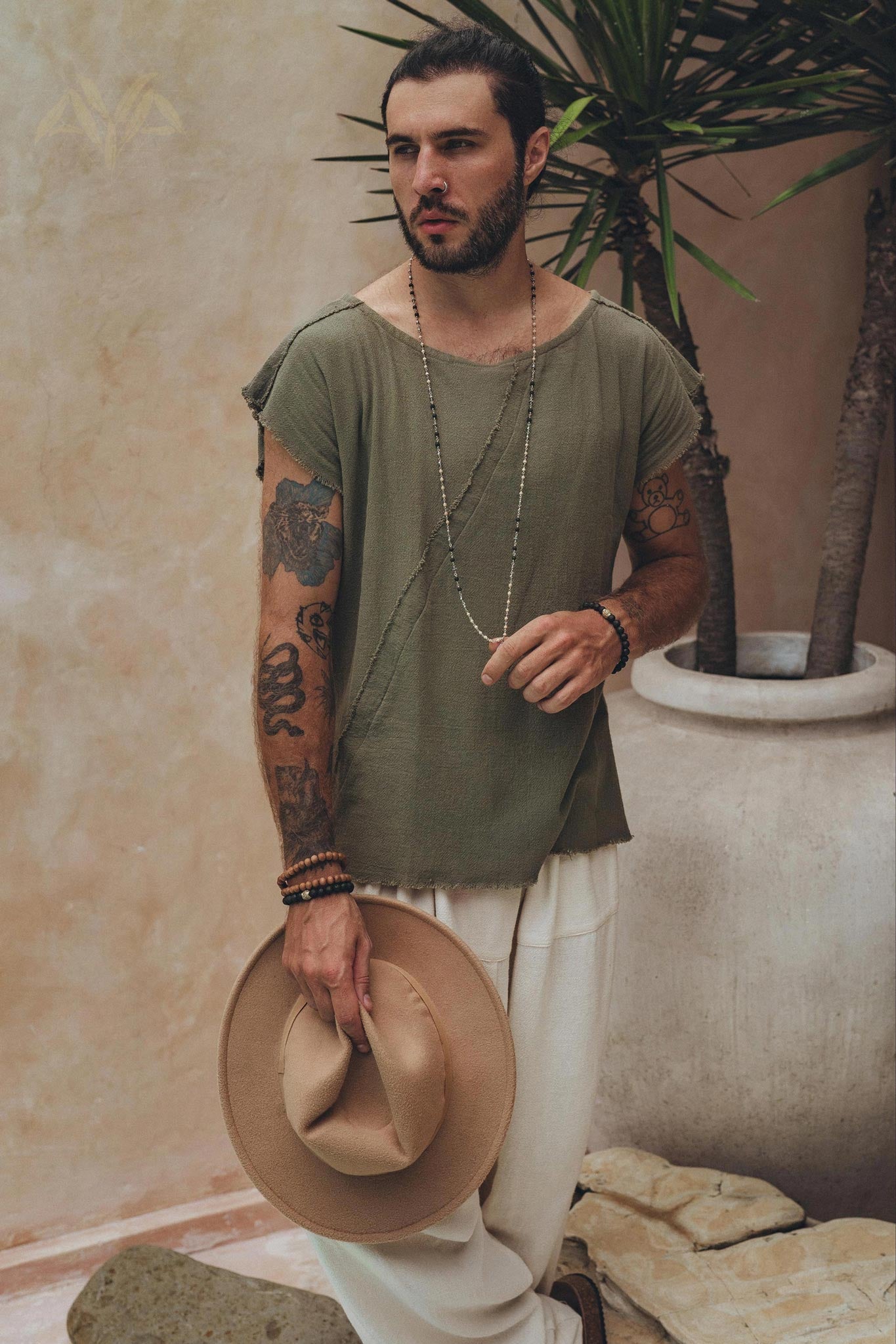 Dark Green Raw Edge Thick Cotton Top Tee for Men - AYA Sacred Wear