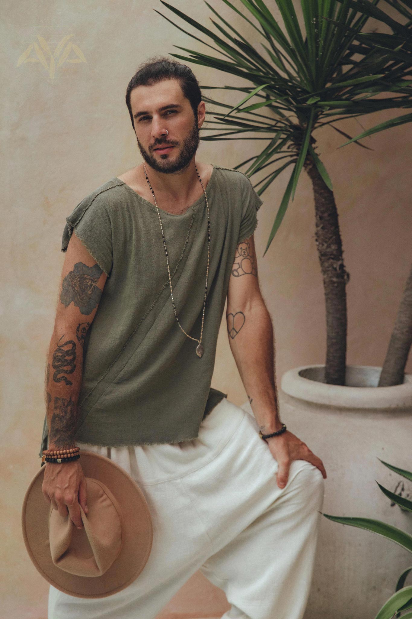 Dark Green Raw Edge Thick Cotton Top Tee for Men - AYA Sacred Wear