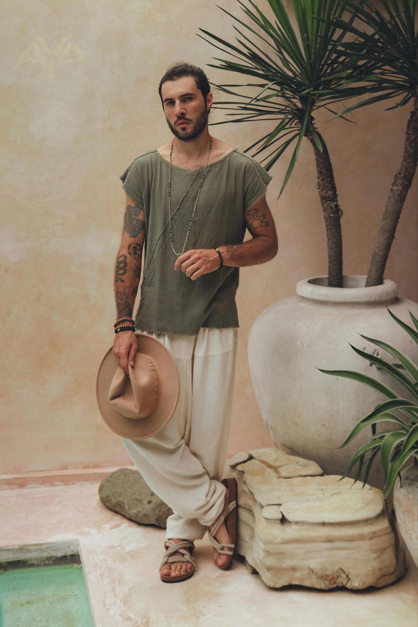 Dark Green Raw Edge Thick Cotton Top Tee for Men - AYA Sacred Wear