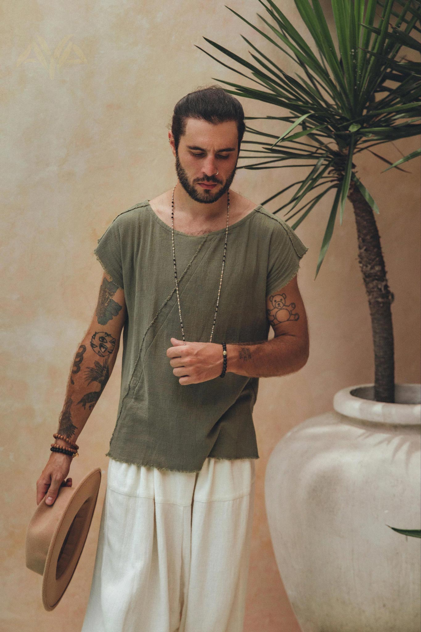 Dark Green Raw Edge Thick Cotton Top Tee for Men - AYA Sacred Wear