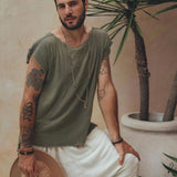 Dark Green Raw Edge Thick Cotton Top Tee for Men
