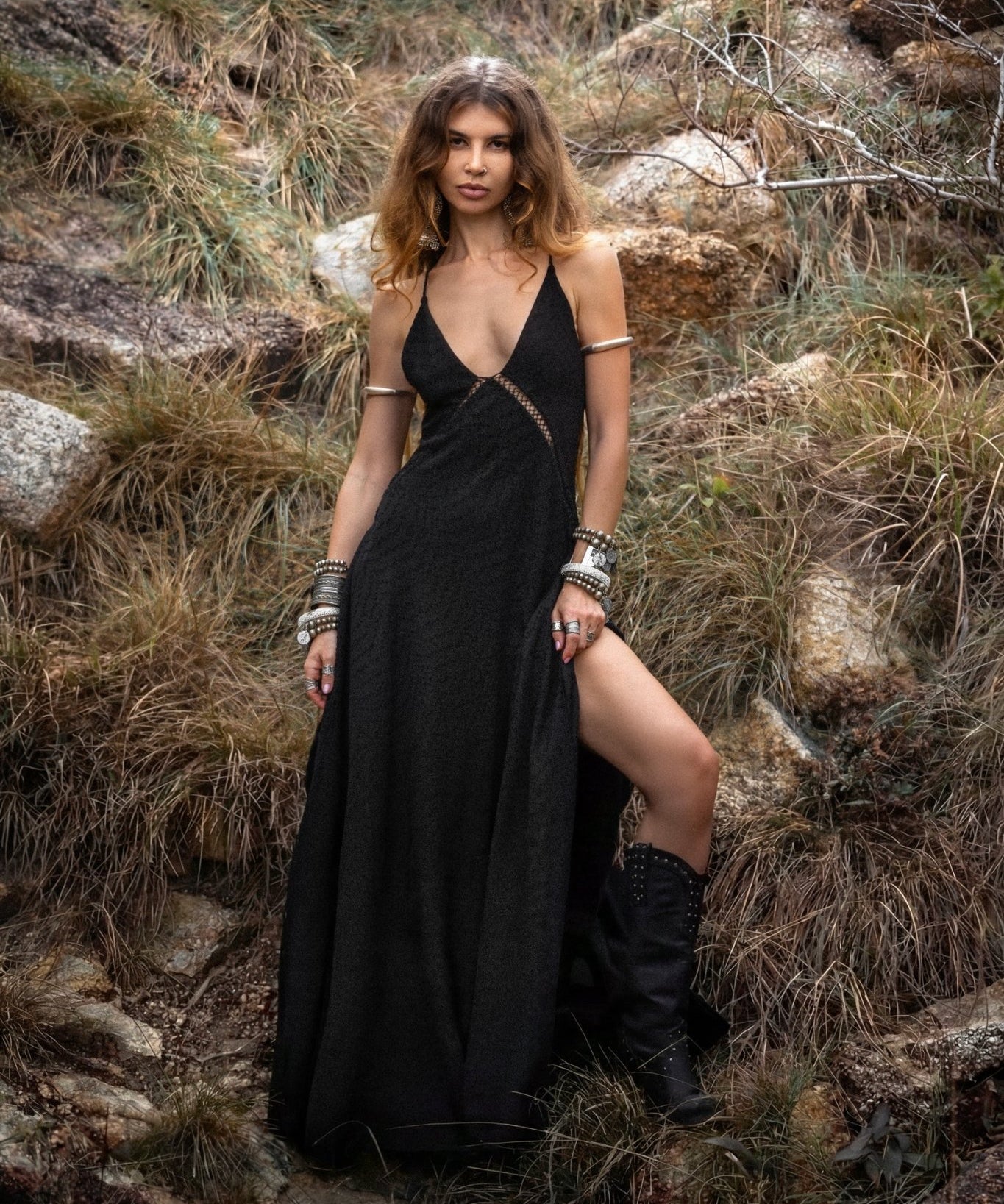 Dhara Loom Dress in Black Colour — Handwoven Cotton Bridesmaid Boho Dress - AYA Sacred Wear