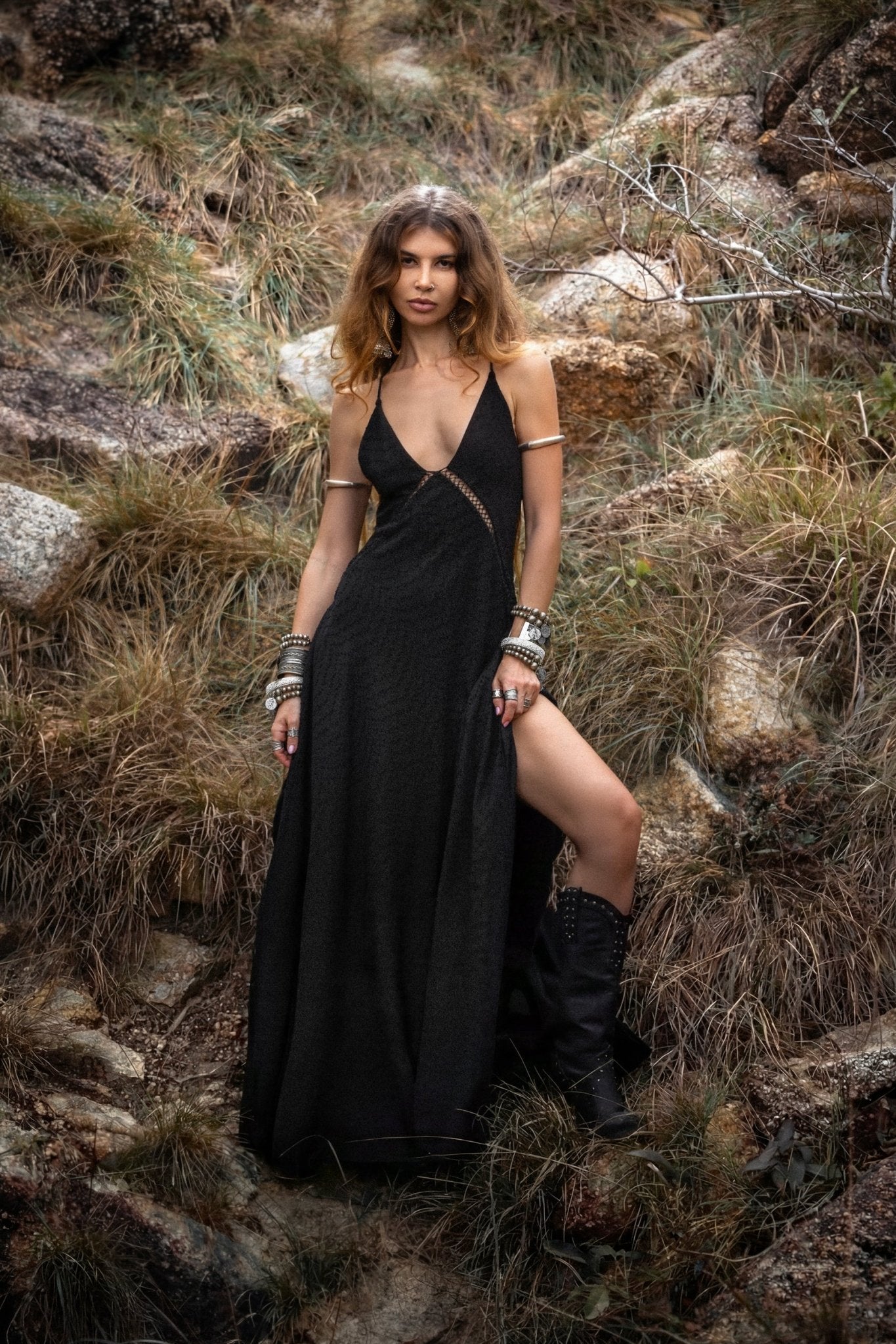 Dhara Loom Dress in Black Colour — Handwoven Cotton Bridesmaid Boho Dress - AYA Sacred Wear