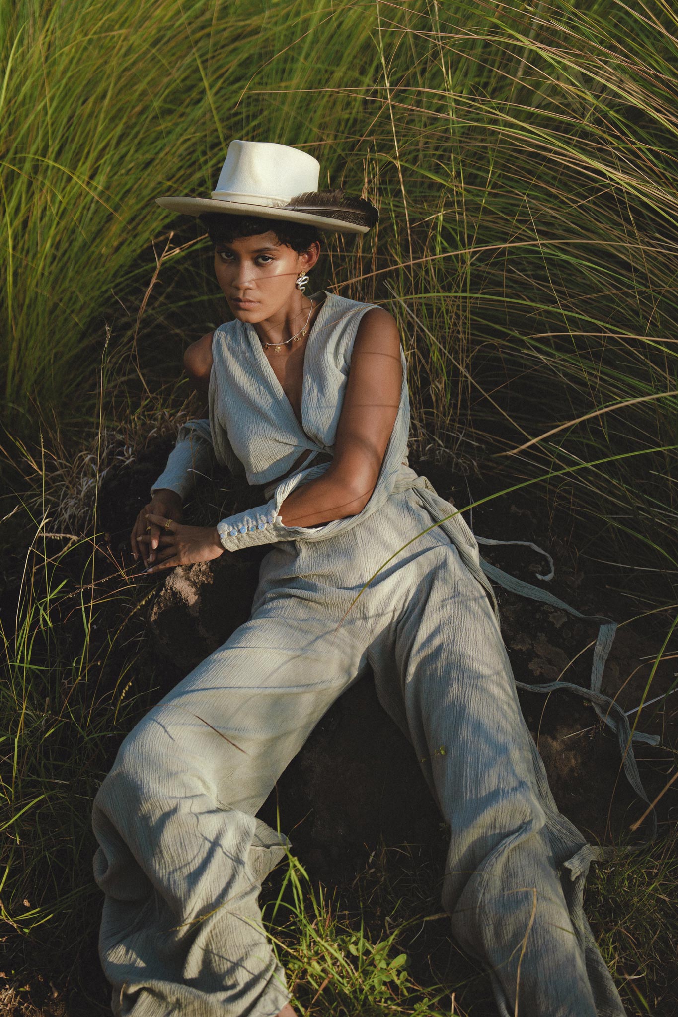 Dusty Blue Ambrosia Set Top & Trousers • Organic Set for Women • Boho Crop Top and Pants - AYA Sacred Wear