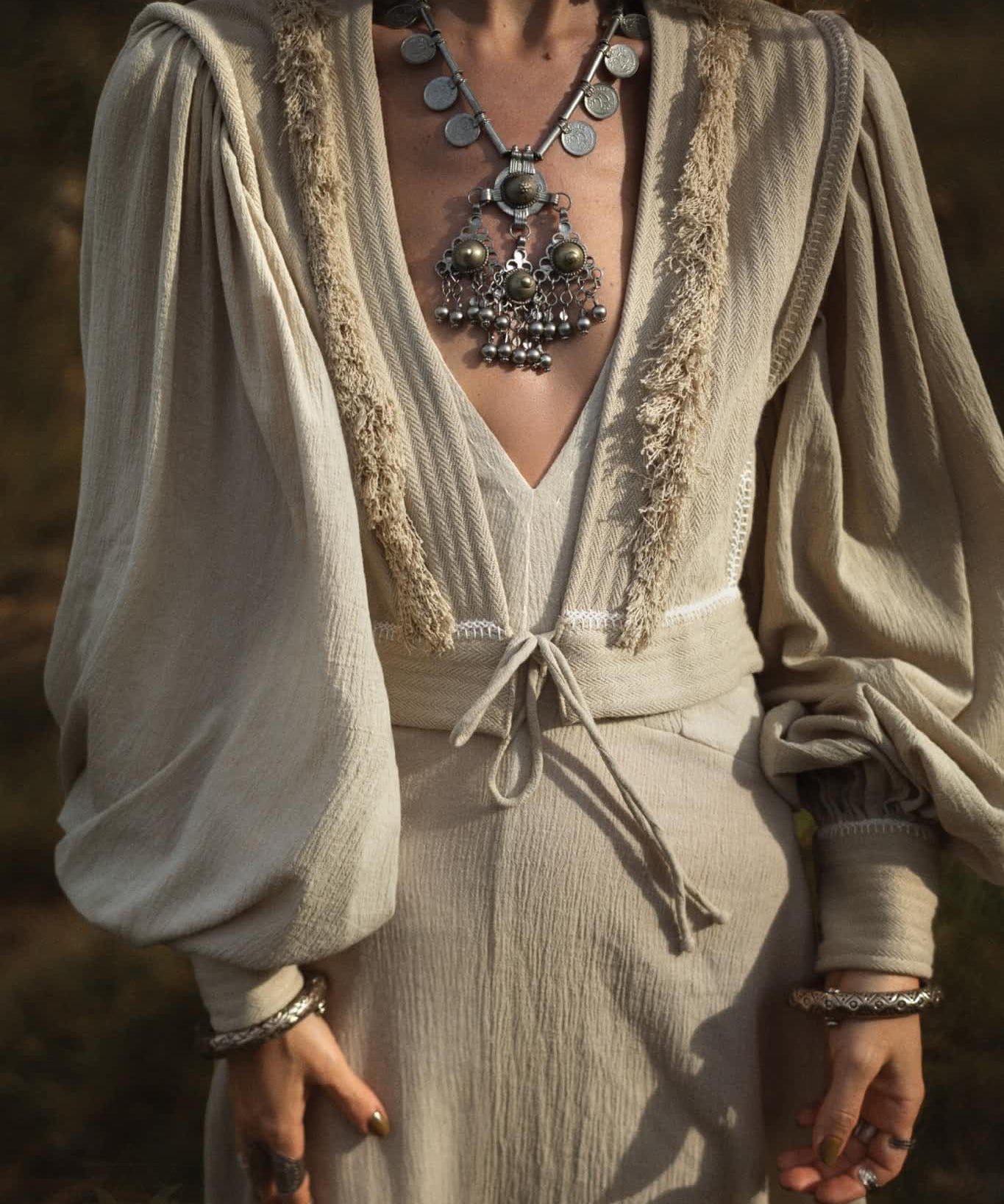 Dusty Blue Puff Sleeves Top • Organic Tropical Top • Boho Tassels Crop Top - AYA Sacred Wear