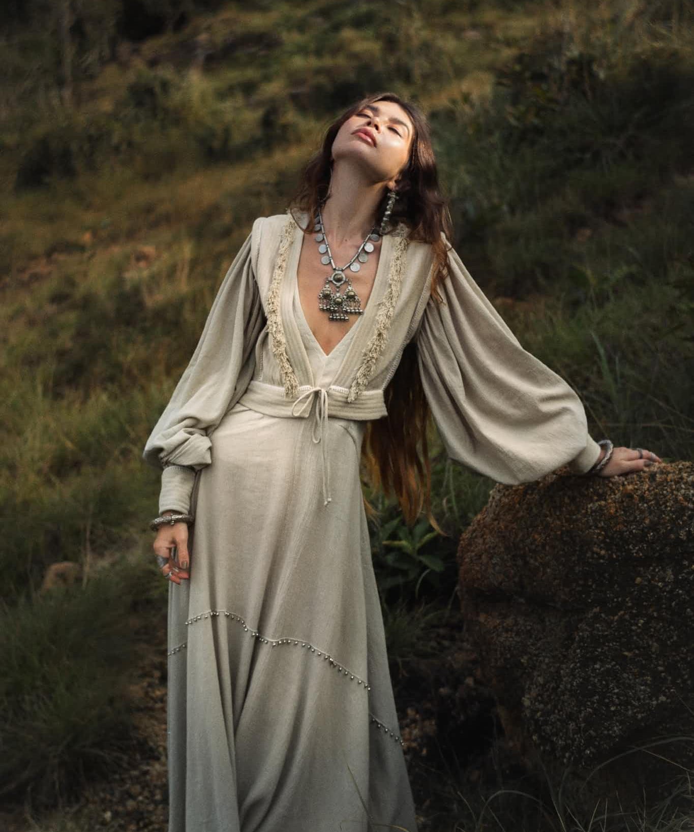 Dusty Blue Puff Sleeves Top • Organic Tropical Top • Boho Tassels Crop Top - AYA Sacred Wear