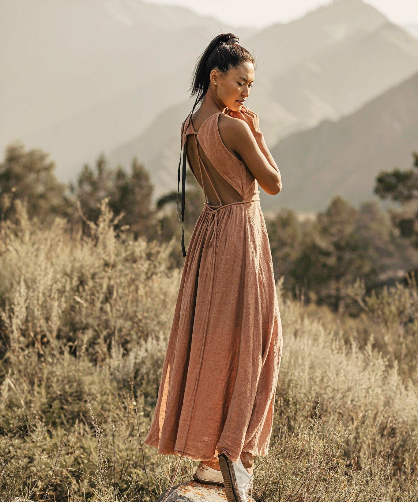 Dusty Pink Boho Bridesmaid Dress • Open Back Elegant Dress - AYA Sacred Wear