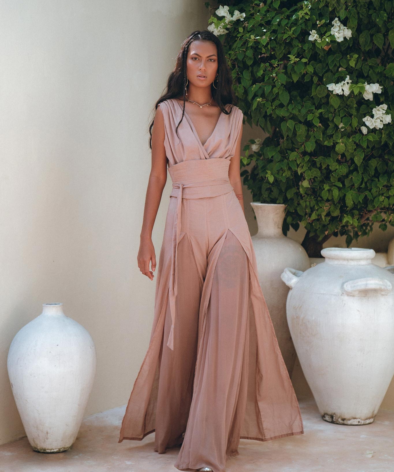 Dusty Pink Braided Overalls • Boho Silk with Cotton Maxi Jumpsuit Women - AYA Sacred Wear