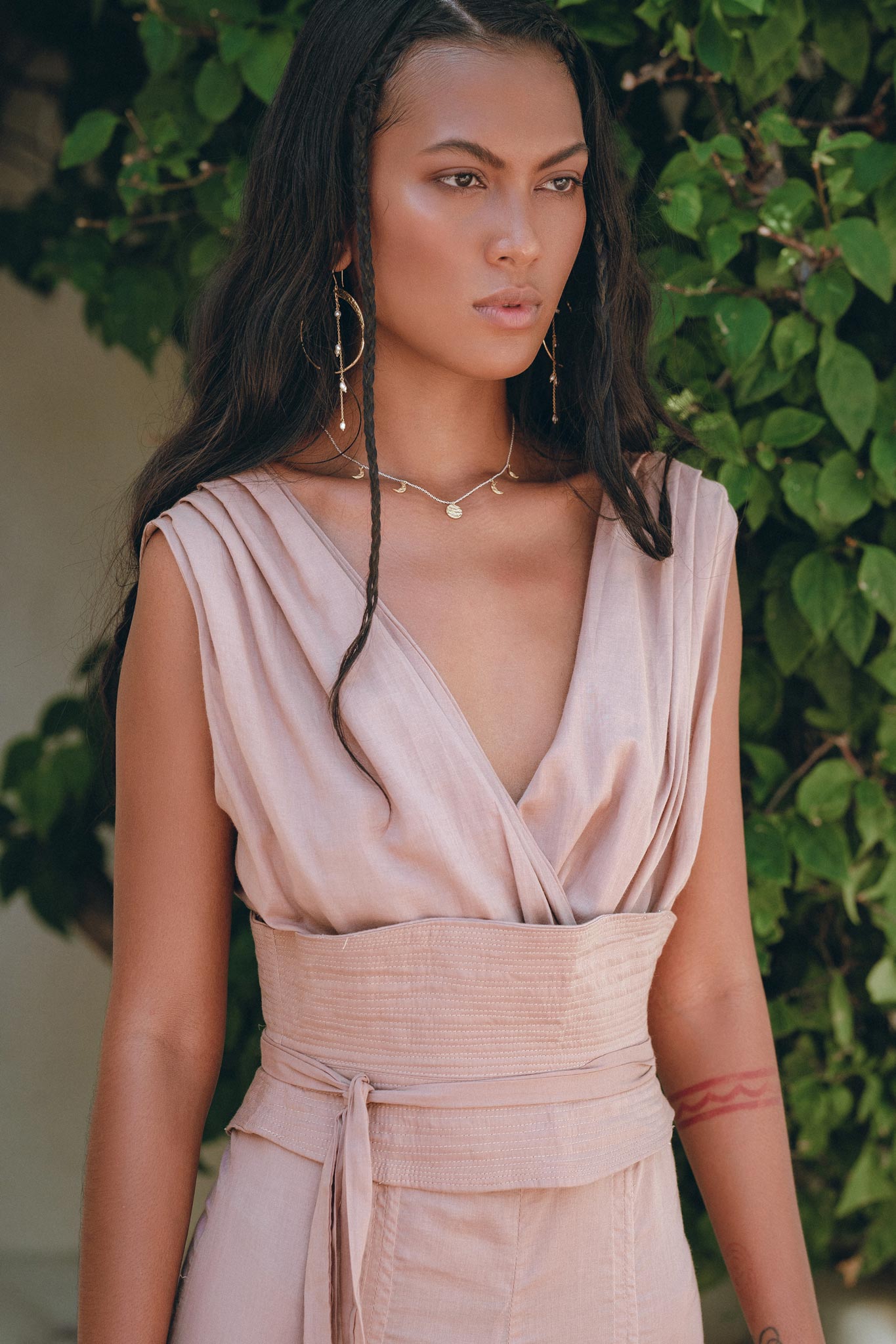 Dusty Pink Braided Overalls • Boho Silk with Cotton Maxi Jumpsuit Women - AYA Sacred Wear