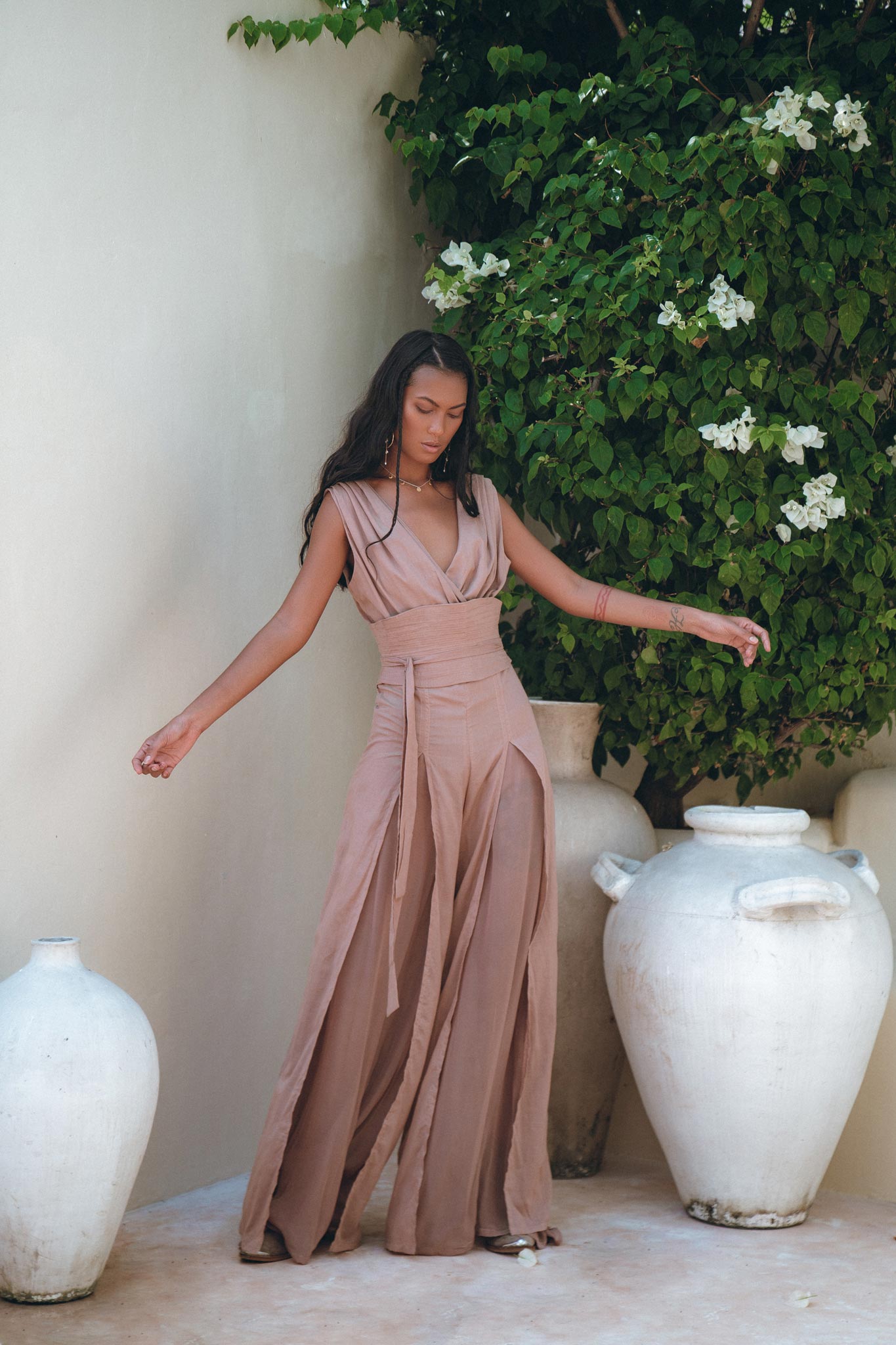Dusty Pink Braided Overalls • Boho Silk with Cotton Maxi Jumpsuit Women - AYA Sacred Wear