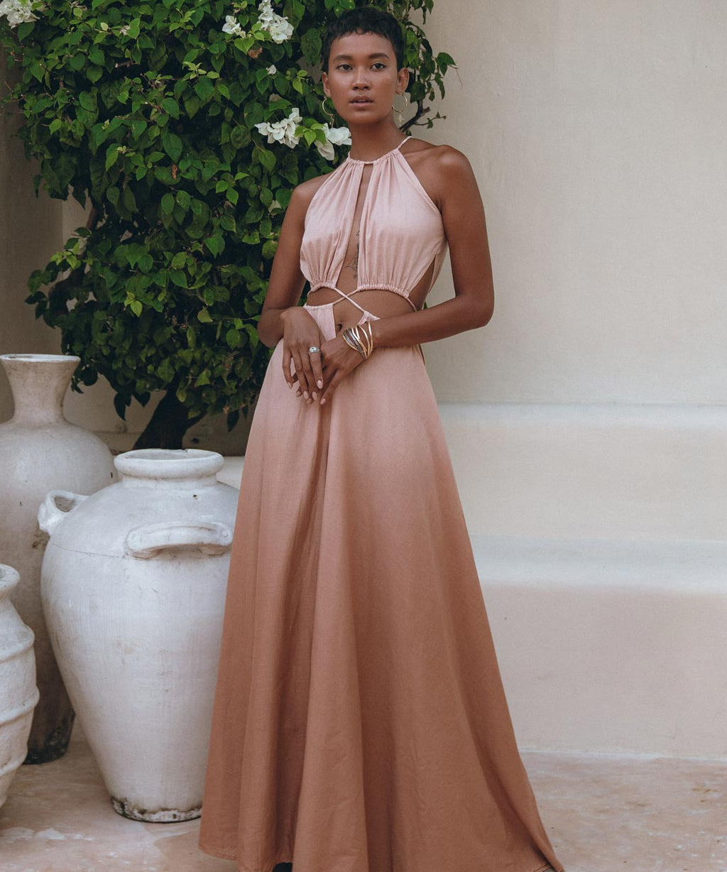 Dusty Pink Maxi Adjustable Dress • Open Back Sides Belly Dress - AYA Sacred Wear