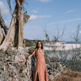 Dusty Pink Organic Bohemian Maxi Bridesmaid Dress with Hand Loomed Threaded Back - AYA Sacred Wear