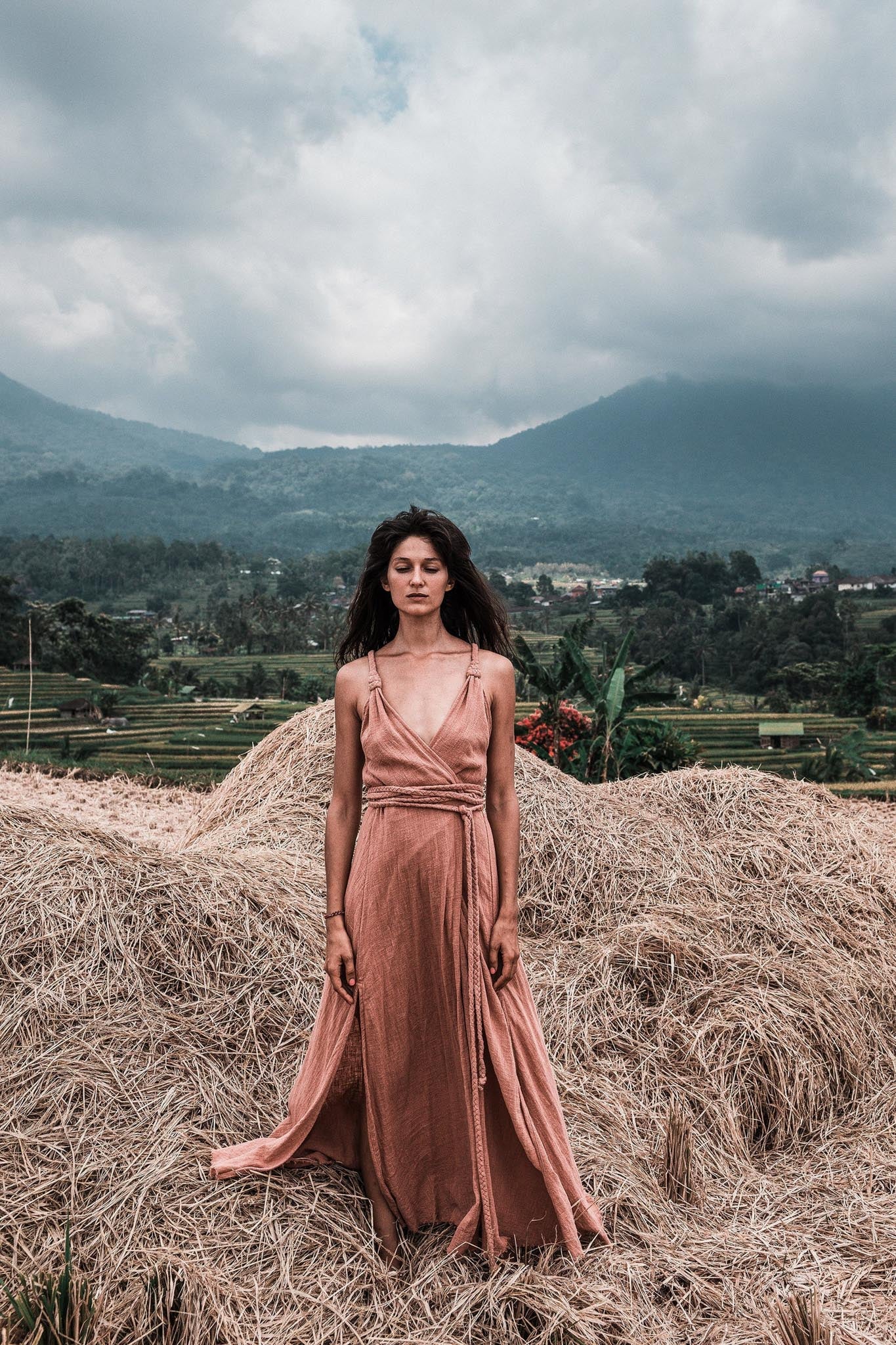 Dusty Pink Organic Bohemian Maxi Bridesmaid Dress with Hand Loomed Threaded Back - AYA Sacred Wear