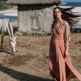 Dusty Pink Organic Bohemian Maxi Bridesmaid Dress with Hand Loomed Threaded Back - AYA Sacred Wear