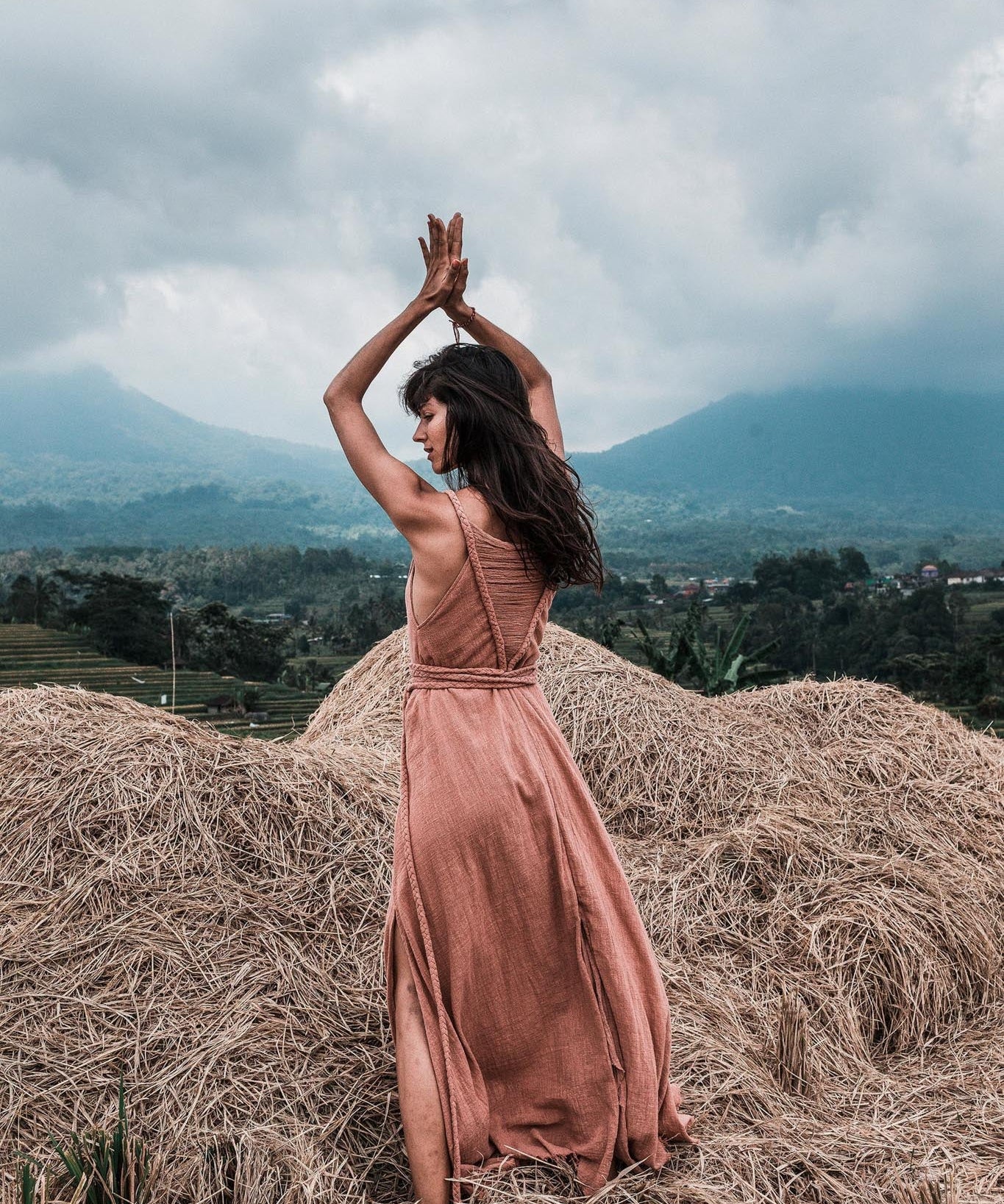 Dusty Pink Organic Bohemian Maxi Bridesmaid Dress with Hand Loomed Threaded Back - AYA Sacred Wear