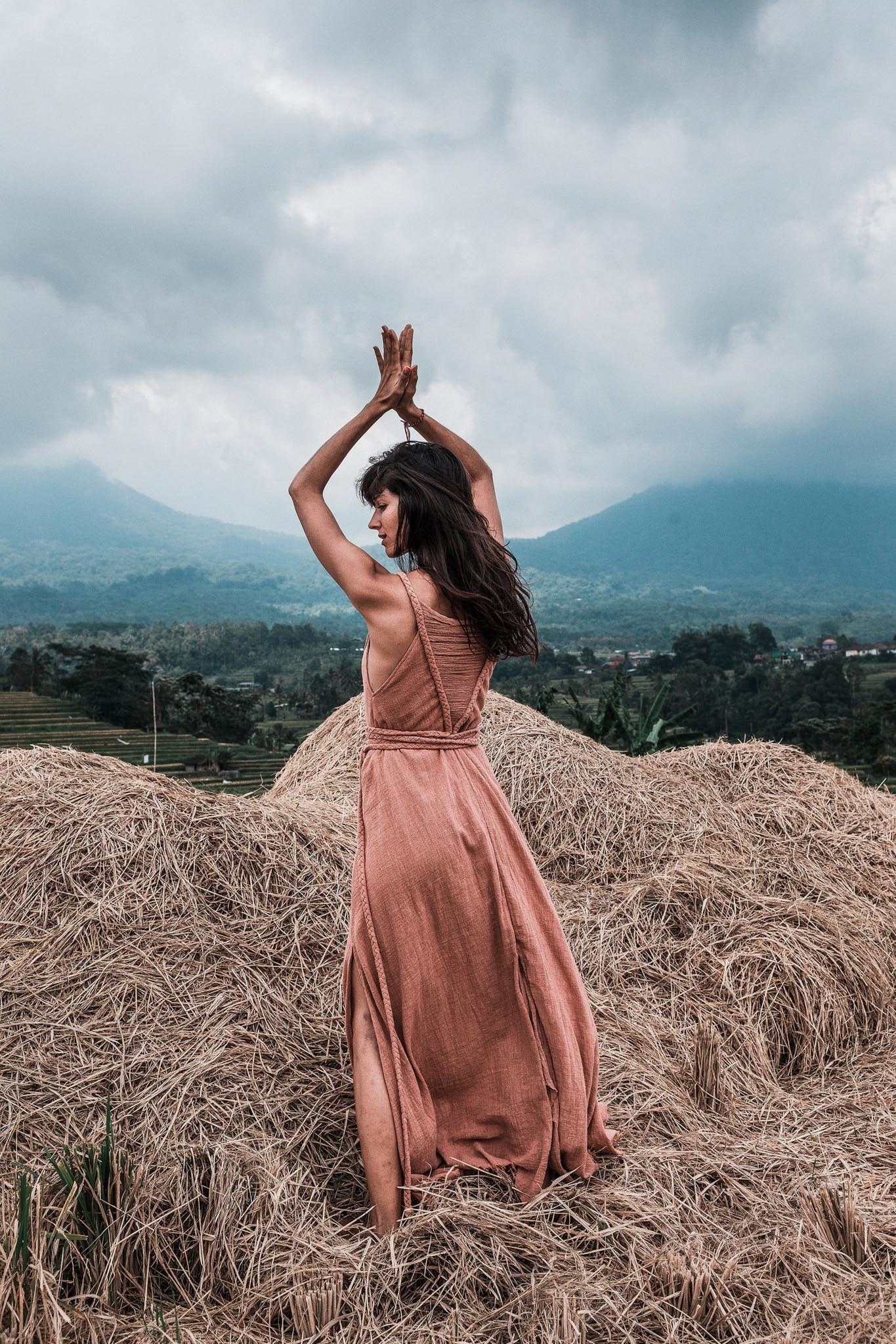 Dusty Pink Organic Bohemian Maxi Bridesmaid Dress with Hand Loomed Threaded Back - AYA Sacred Wear