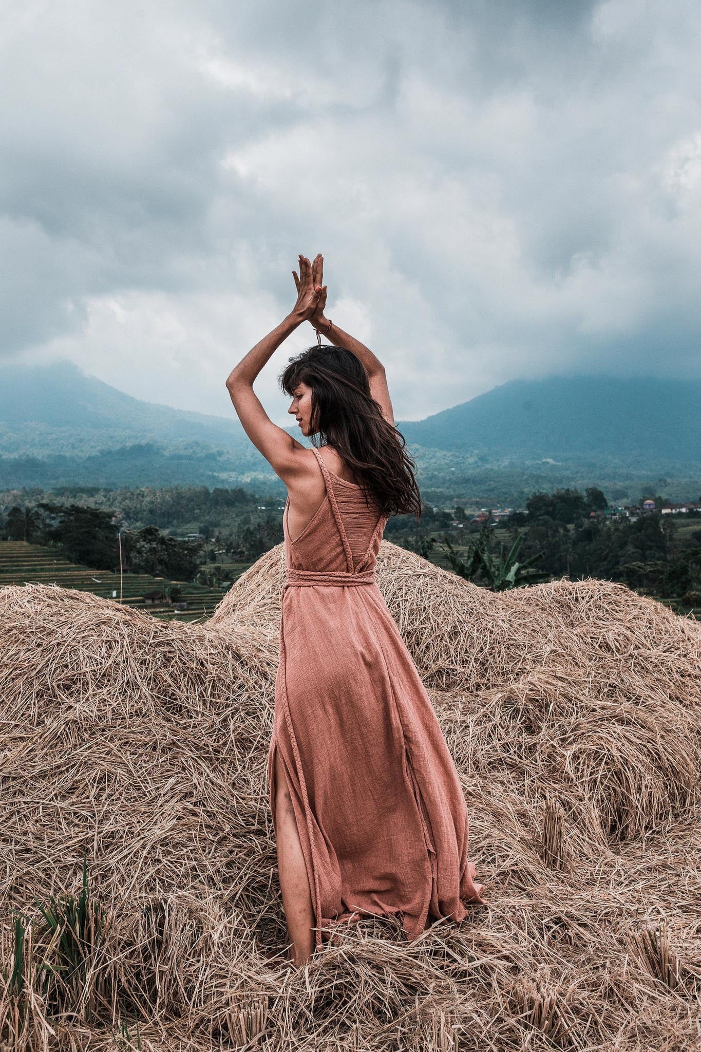 Dusty Pink Organic Bohemian Maxi Bridesmaid Dress with Hand Loomed Threaded Back - AYA Sacred Wear