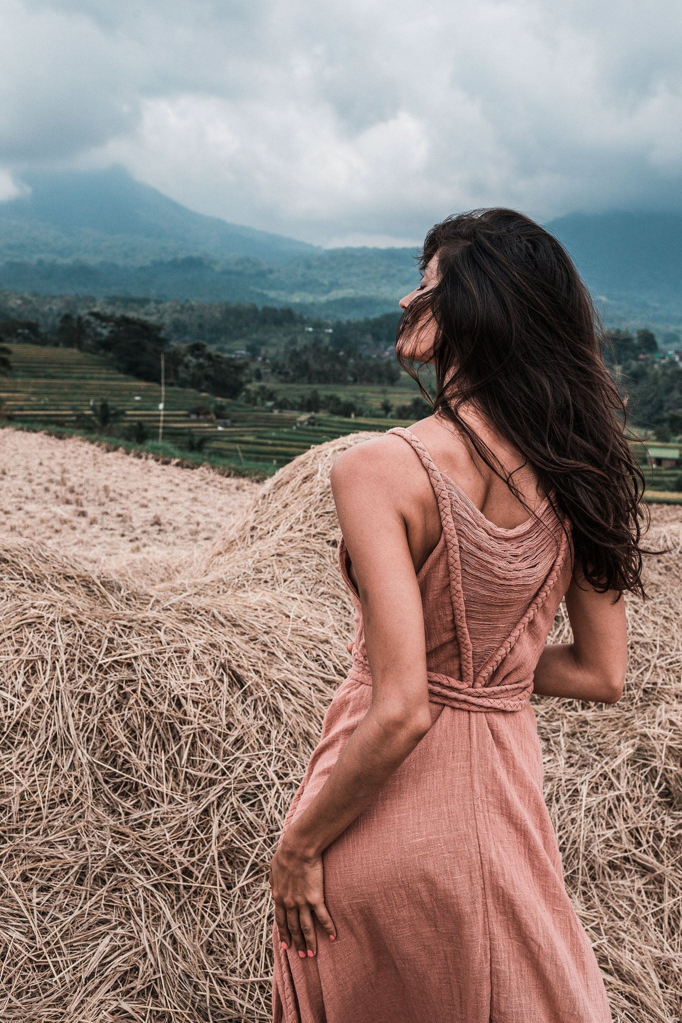 Dusty Pink Organic Bohemian Maxi Bridesmaid Dress with Hand Loomed Threaded Back - AYA Sacred Wear