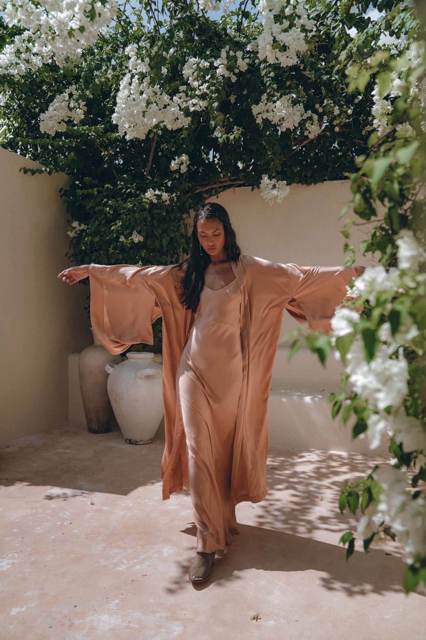 Dusty Pink Silk Robe • Bohemian Kaftan Cardigan • Long Cape for Women - AYA Sacred Wear