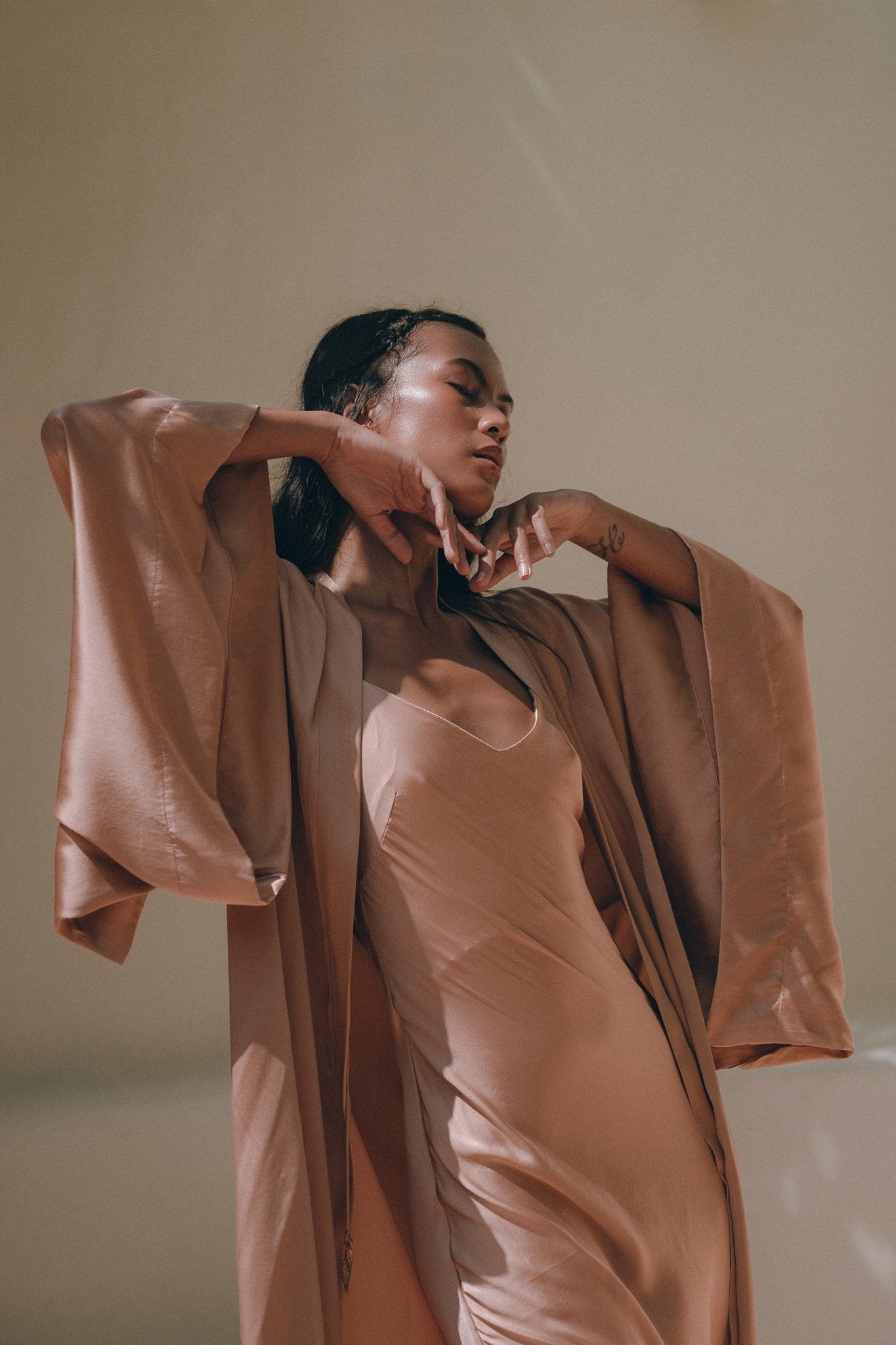 Dusty Pink Silk Robe • Bohemian Kaftan Cardigan • Long Cape for Women - AYA Sacred Wear