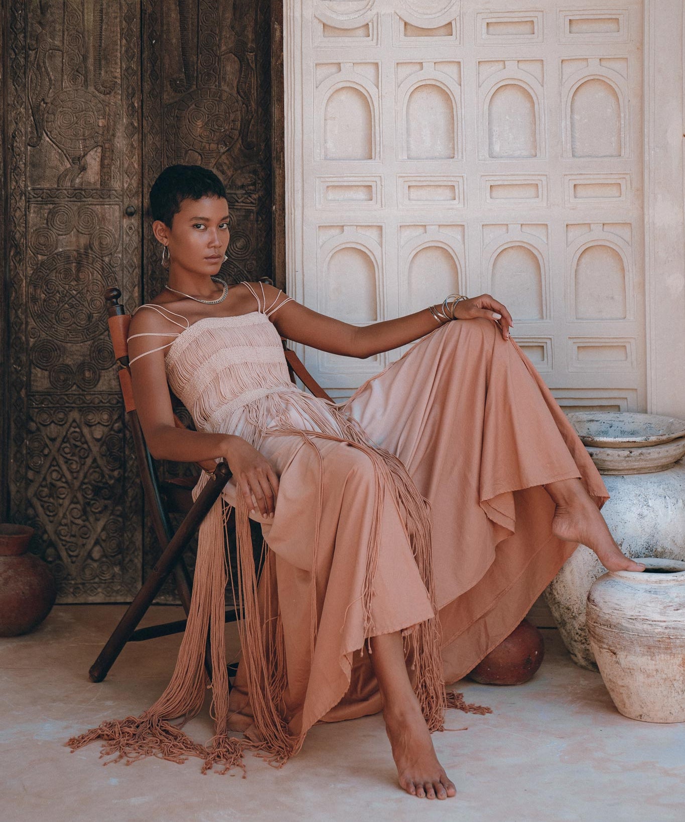 Dusty Pink Tribal Goddess Slip Over • Ethnic Handwoven Macrame Net Overlay Dress - AYA Sacred Wear