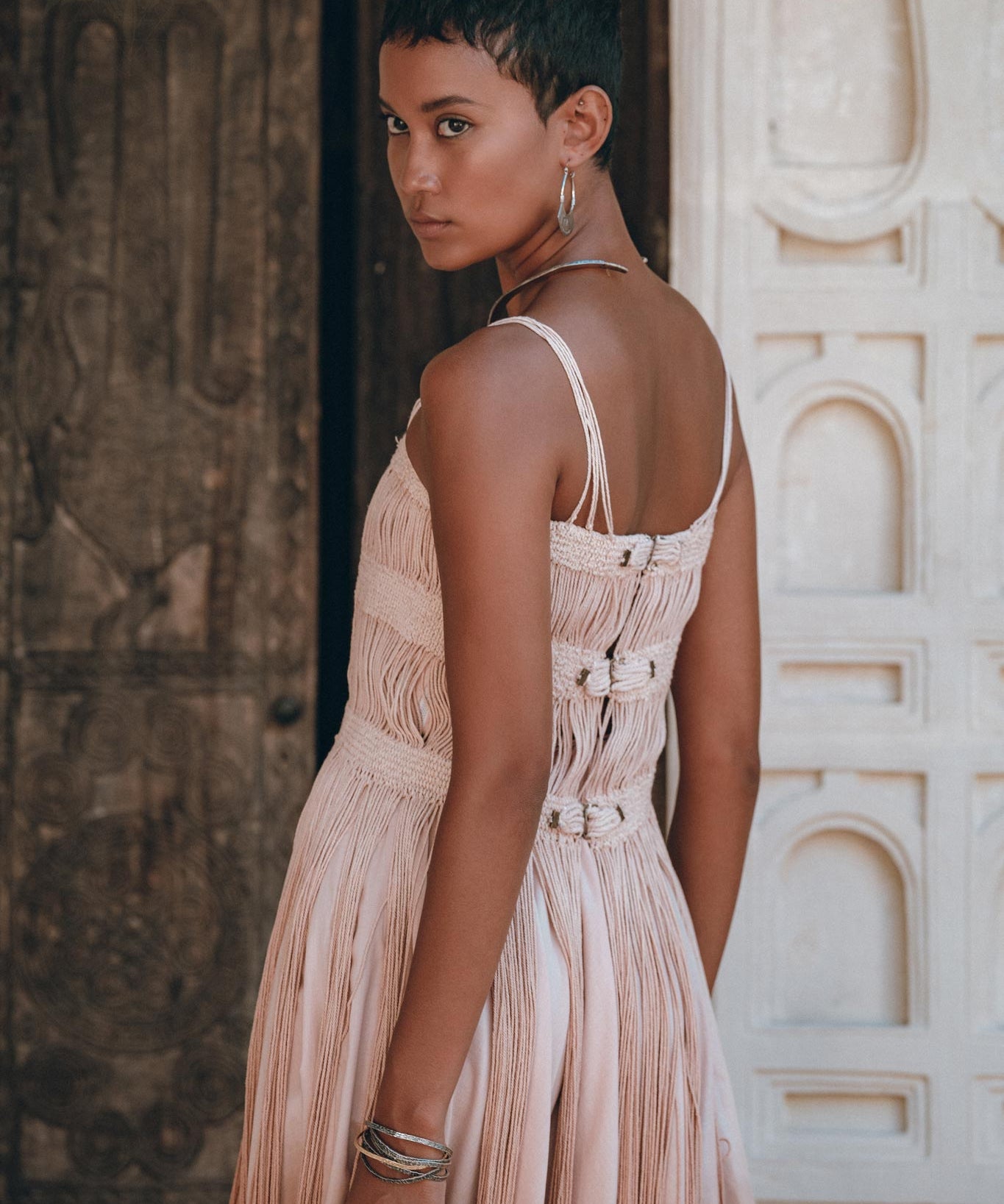 Dusty Pink Tribal Goddess Slip Over • Ethnic Handwoven Macrame Net Overlay Dress - AYA Sacred Wear