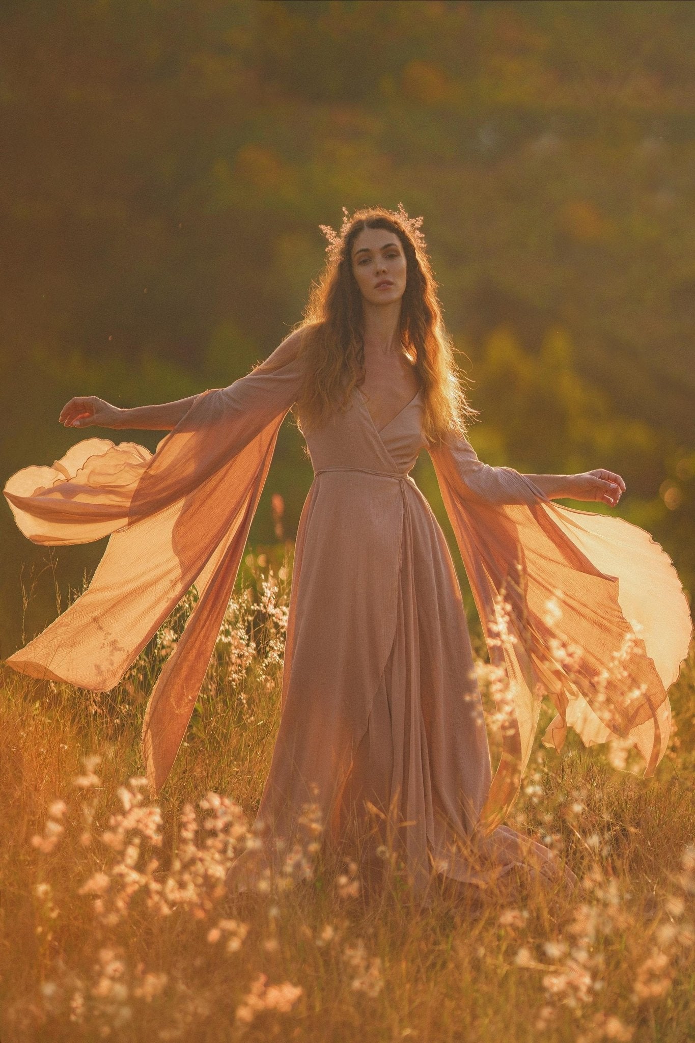 Dusty Rose Makosh Goddess Dress • Organic Bridesmaid Kimono Dress • Cotton Wrap Dress - AYA Sacred Wear
