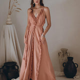 Dusty Rose Organic Boho Dress with Hand Loomed Tassels - AYA Sacred Wear