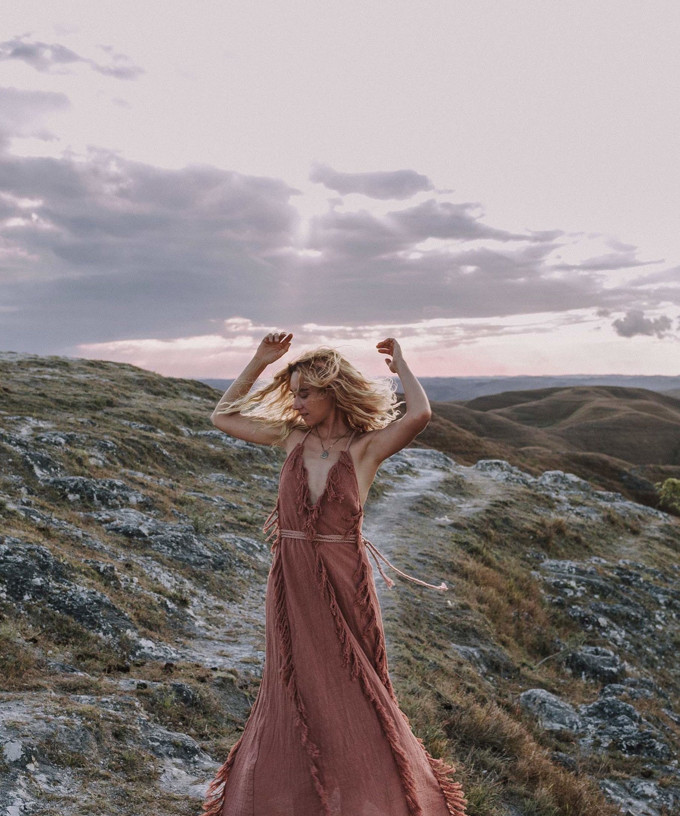 Dusty Rose Organic Boho Dress with Hand Loomed Tassels - AYA Sacred Wear