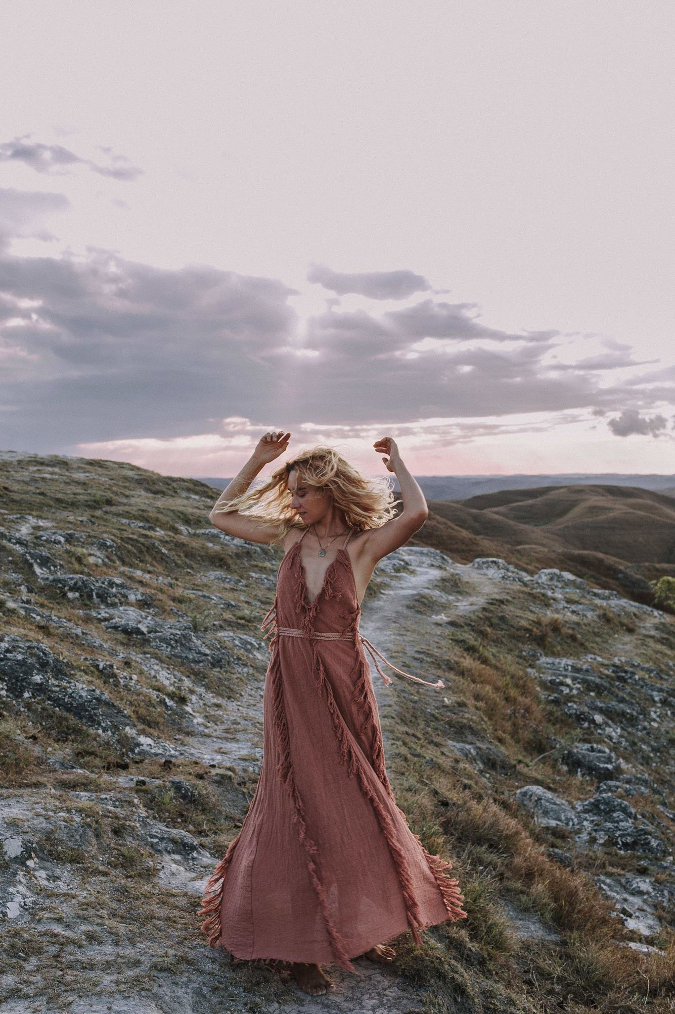 Dusty Rose Organic Boho Dress with Hand Loomed Tassels - AYA Sacred Wear
