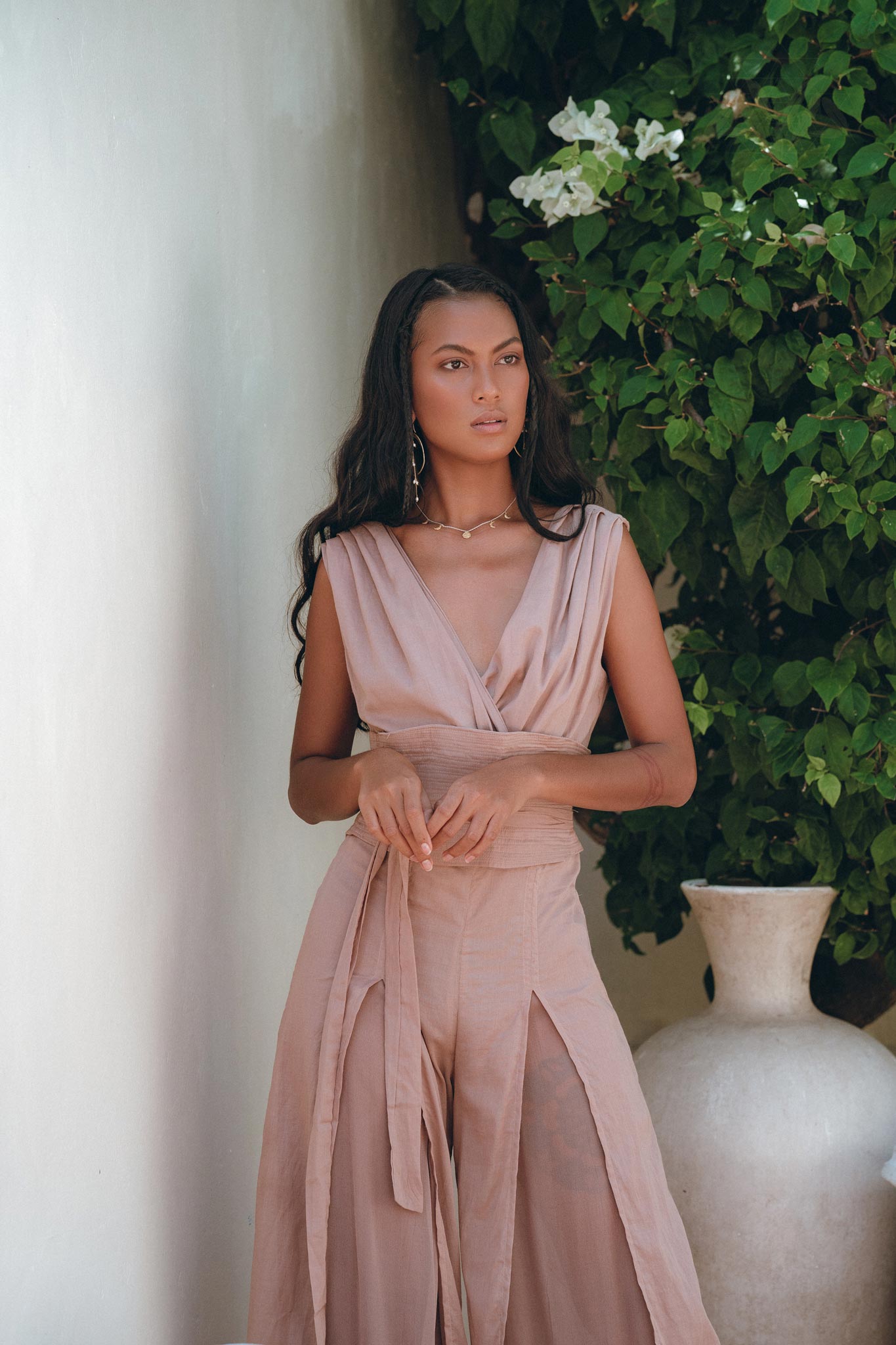 Dusty Pink Braided Overalls, Boho Cold Shoulder Maxi Jumpsuit Women - AYA Sacred Wear