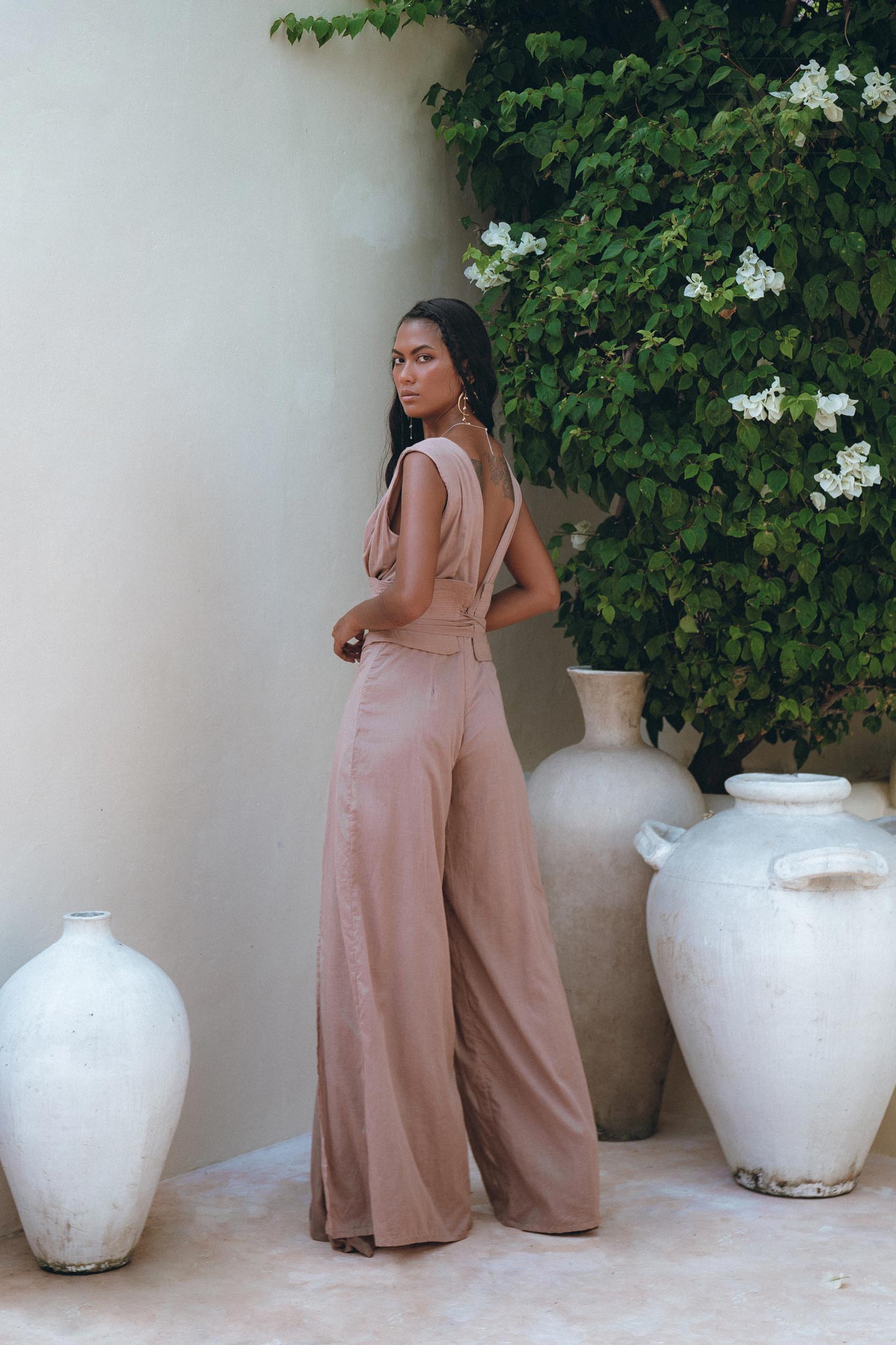 Dusty Pink Braided Overalls, Boho Cold Shoulder Maxi Jumpsuit Women - AYA Sacred Wear