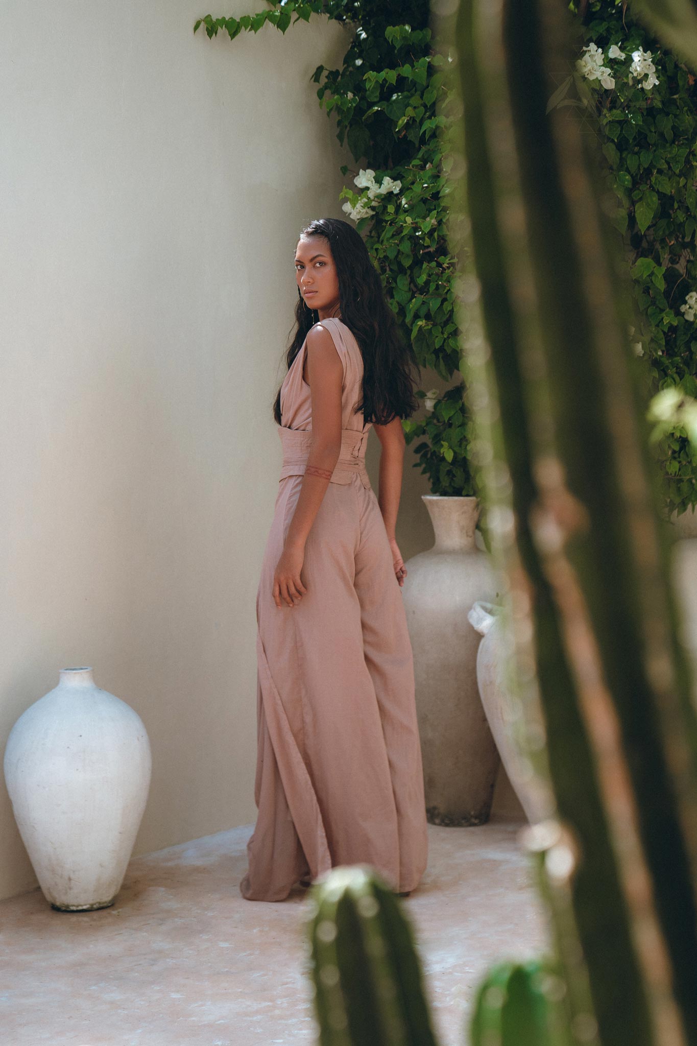 Dusty Pink Braided Overalls, Boho Cold Shoulder Maxi Jumpsuit Women - AYA Sacred Wear