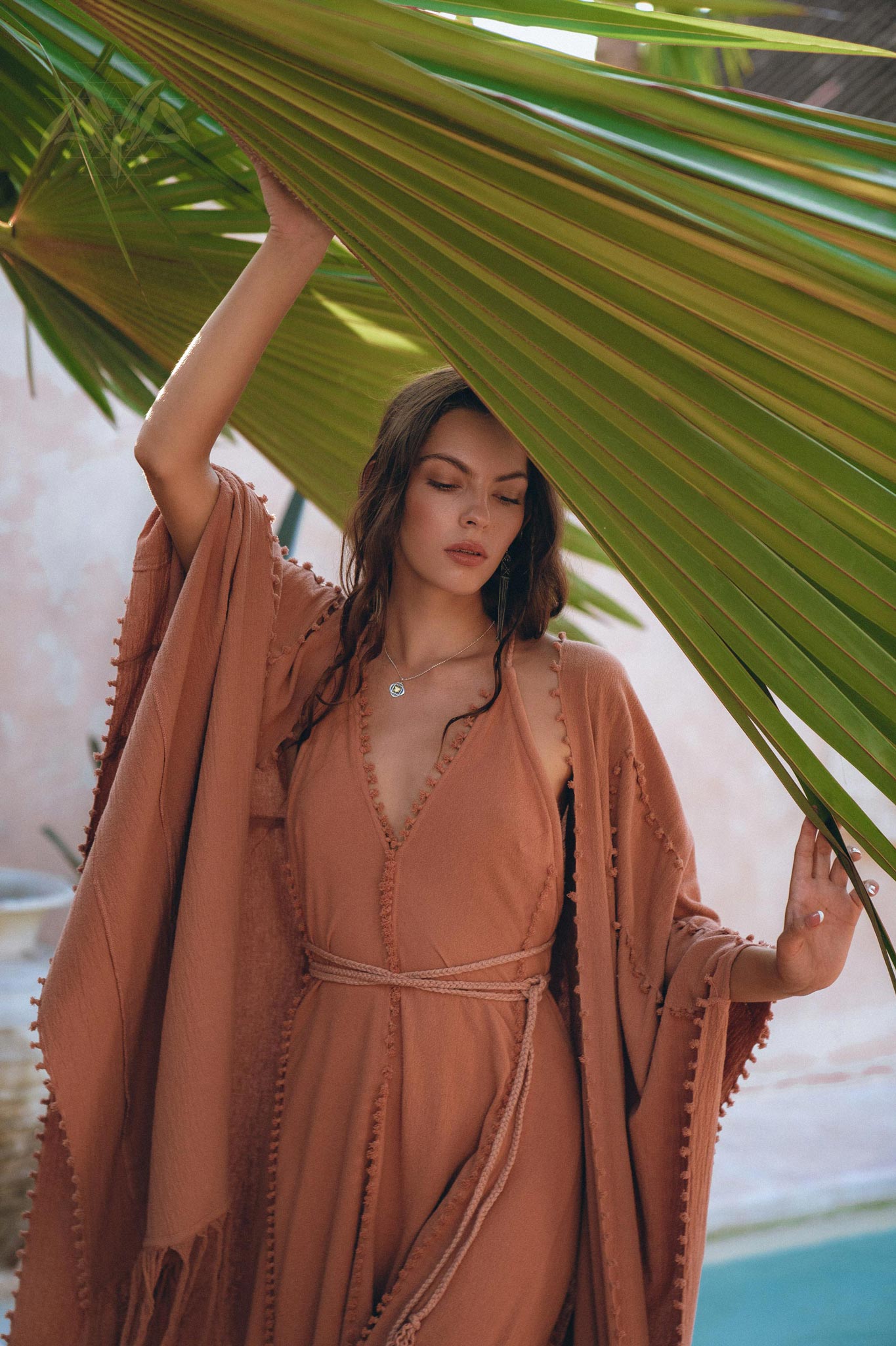 Dusty Pink Poncho Robe, Bridal Cover Up Women, Bohemian Kimono Overcoat - AYA Sacred Wear