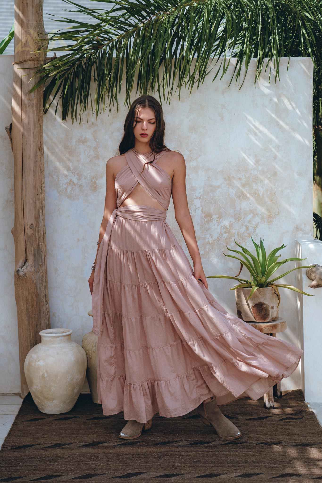 Dusty Pink Bohemian Adjustable Dress, Boho Evening Open Back Belly Dress - AYA Sacred Wear