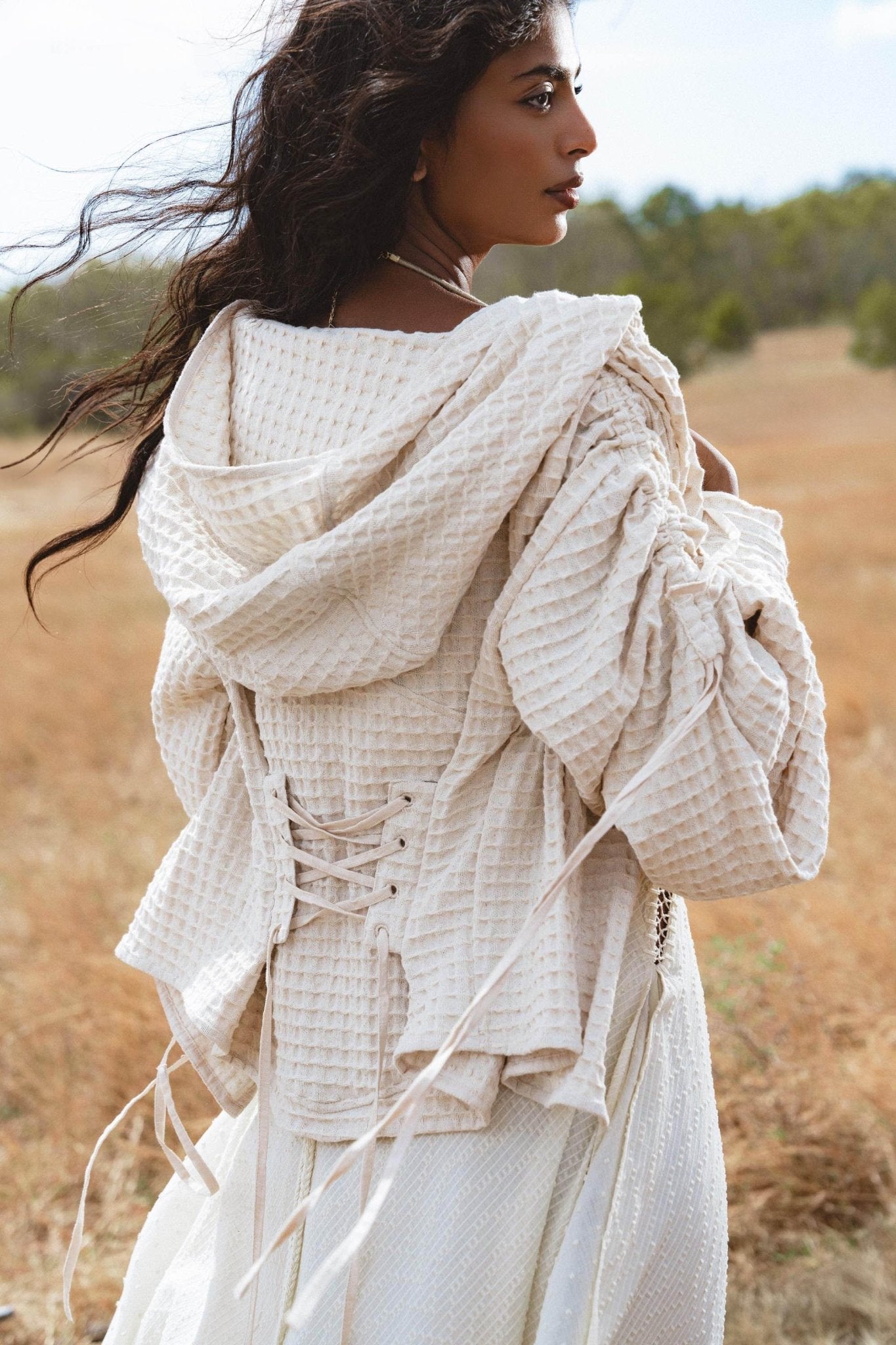 Elven Handwoven Cotton Jacket with Hood, Corset Lace Back, Boho Bali Ritual Coat - AYA Sacred Wear
